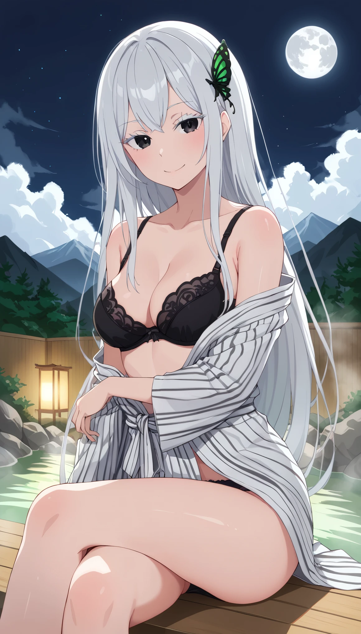 ((nsfw)) ,Solo,Large outdoor hot spring in the mountains,full moon night, White hair,long hair,(hair green accessory), Green butterfly ,black eye, White eyelashes,sit down,smile, yukata, crossed legs, looking at viewer, medium breasts,black panties,black bra