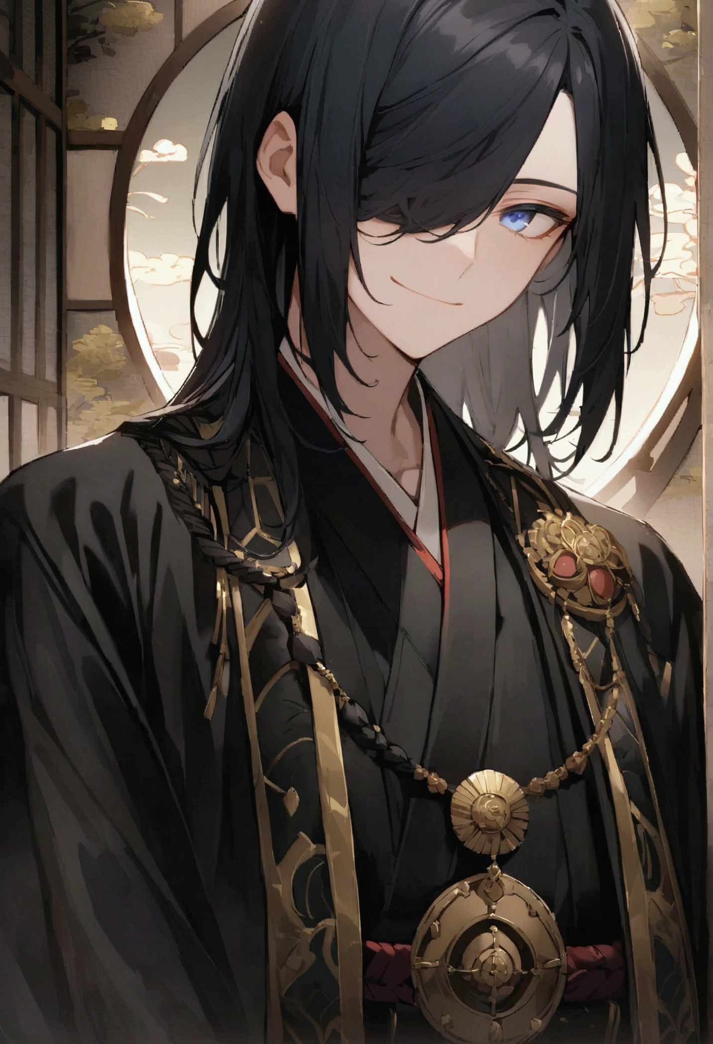 Japanese。eyes。blue eye。fragile features。smile a little 。 long black hair 。 black kimono adorned with gold and black jewelry( Dressed in kimono )。Cover one eye with a band 。The background is a garden。man。masculine