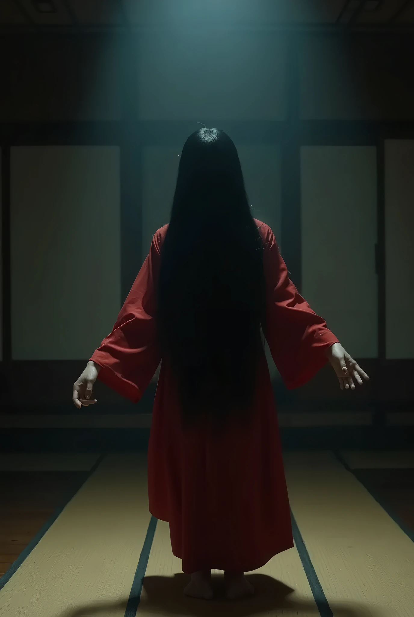 Cinematography, cinematic composition, low-key lighting, horror movie, a woman in crimson color kimono, she gaze down, long black hair cover all of her face, she floating in middle of the room, tatami room in background, sharp focus