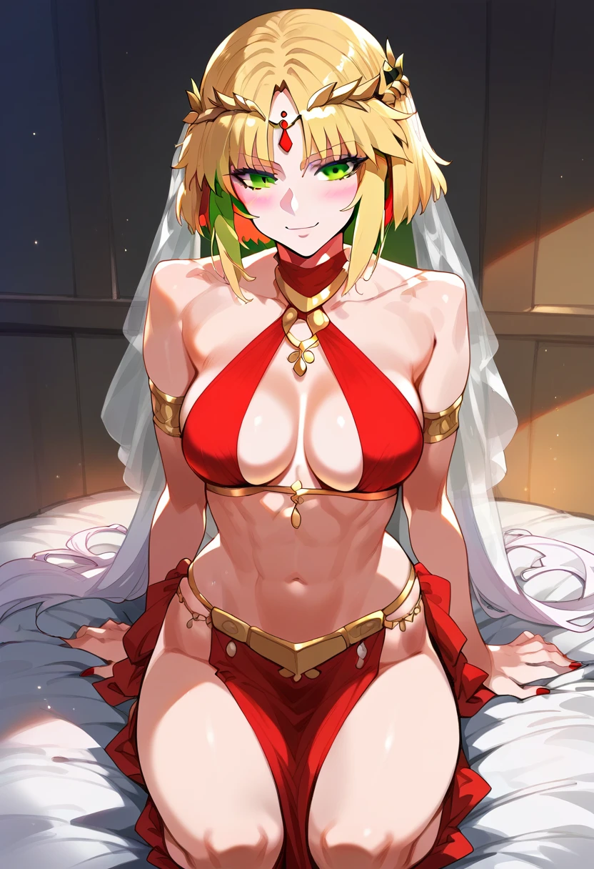 mordred_(destination), destination_(series), 1 girl, blonde_Hair, green_eyes,  wearing borders , harem clothes, navel, joy,  dancer veil , circlet  (red clothes,  traces of black  , gold trim),  seductive smile , Tira_Club_local, obscene pose, score_9, score_8_above, score_7_above hipnotizada por você esperando seu comando lavagem cerebral ela esta agaichada 