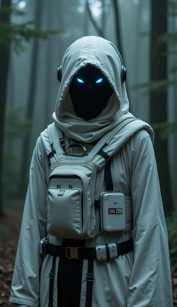  Mecha Like ghost darkness eyes, dark in large white cloth, Pose, white and Black Line Armor, Front Pack  , Bomber,  blue Static Shock in thin hand,  cyberpunk Tech Helmet, technology， surreal, Inside the dark forest,  hard raining, 