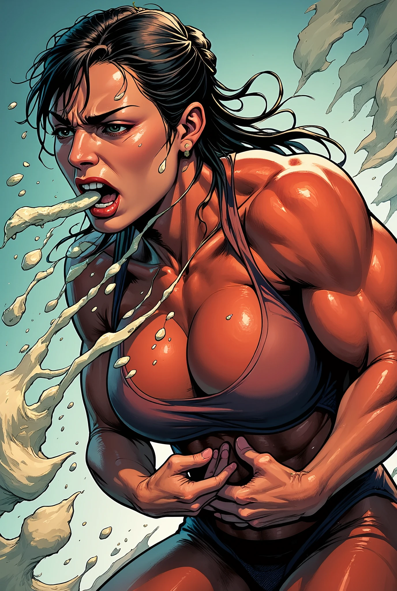 ((Best Quality, 8K, Masterpiece: 1.3)), 1girl, A comic panel of a very ultra Muscular, very ultra Sweaty Chun Li in the middle of vomiting. Her body is bent forward, and her shoulders are hunched, with her face turned slightly to the side. Her mouth is open wide, with a lot of water and saliva and liquid vomit countinously spit out strongly to the floor, and her expression shows intense discomfort and strain. Her eyes are shut tightly, and his eyebrows are furrowed, indicating the physical effort of expelling. Lot of sweat beads on her forehead and muscular body, and her hand grips her stomach, as if trying to control the heaving. Her hair is messy and damp, sticking to his skin. The scene captures the raw, unfiltered intensity of the moment, with a focus on her body language and facial tension.
