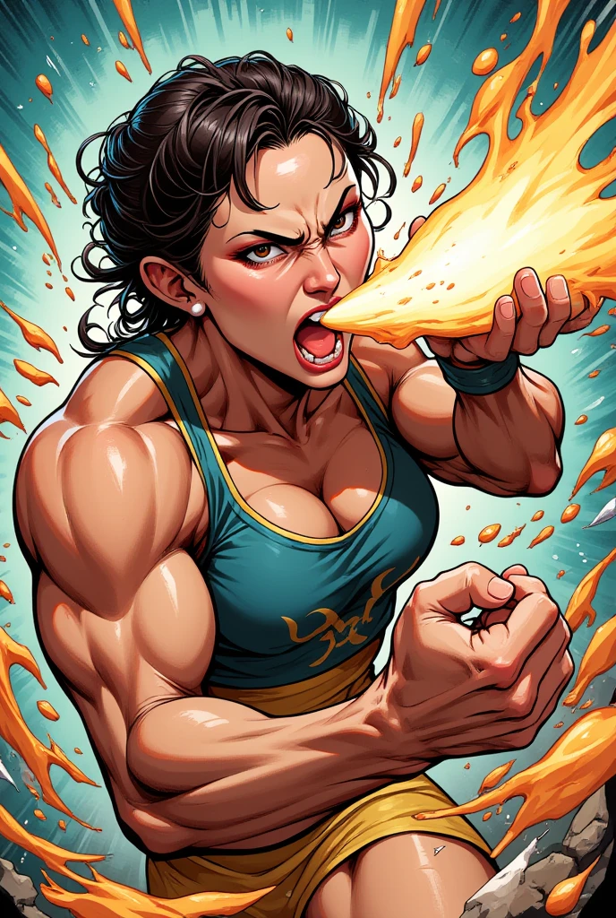 ((Best Quality, 8K, Masterpiece: 1.3)), 1girl, A comic panel of a very ultra Muscular, very ultra Sweaty Chun Li in the middle of vomiting. Her body is bent forward strongly, and her shoulders are hunched, with her face turned slightly to the side. Her mouth is open wide, with a lot of water and saliva and liquid vomit countinously spit out strongly to the floor, and her expression shows intense discomfort and strain. Her eyes are open wide, and his eyebrows are furrowed, indicating the physical effort of expelling. Lot of sweat beads on her forehead and muscular body, and her hand grips her stomach, as if trying to control the heaving. Her hair is messy and damp, sticking to his skin. The scene captures the raw, unfiltered intensity of the moment, with a focus on her body language and facial tension.
