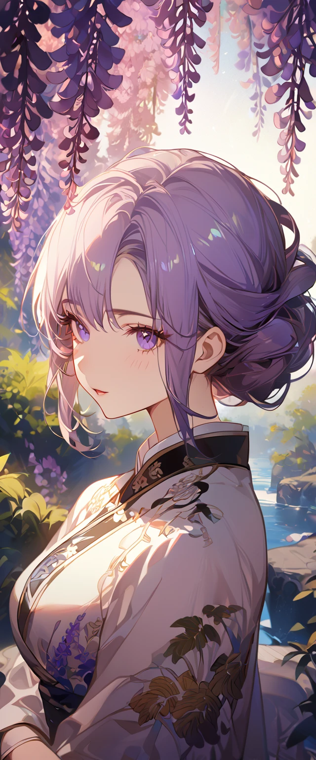 wisteria flower, wisteria tree, wisteria background, 8k ,4k , best quality, high quality, masterpiece, embroidery  clothes, big chest, all kind of hairstyle, inspired by Asukaziye artist : ask, art style : ask