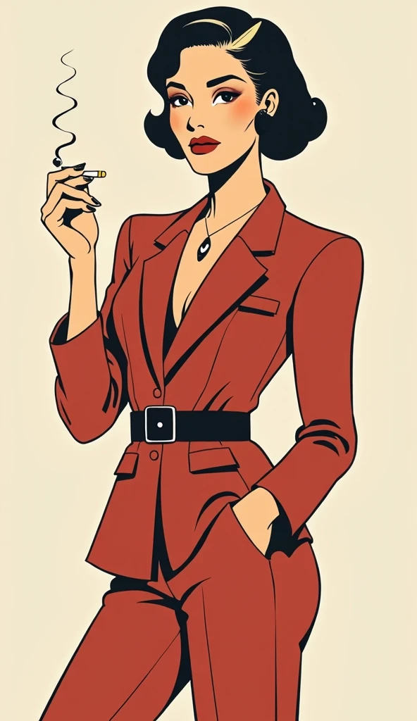 illustration, simple, elegant, stylish woman in a power suit, cigarette held delicately between hengers, confident and independent expression, minimalist line art, bold lines, solid colors, limited color palette, art deco inspiration, Tamara de Lempicka style,