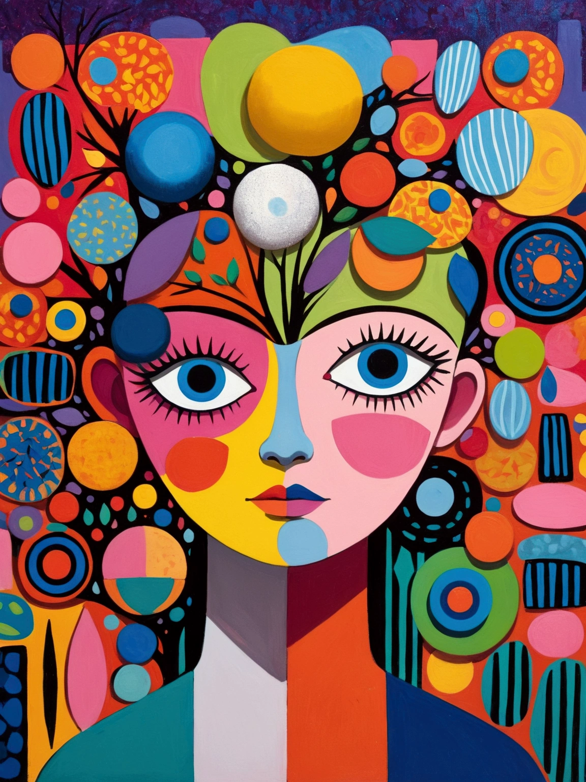 painting of a woman with a face and a tree in the background, colorful illustration, illustrative and abstract, inspired by Tim Biskup, abstract face, colorful character faces, multicolored faces, magical fauvism, colorfull illustration, colorful flat surreal, detailed expressive faces, toyism, psychedelic illustration, abstract maximalist painting, colorful flat surreal design