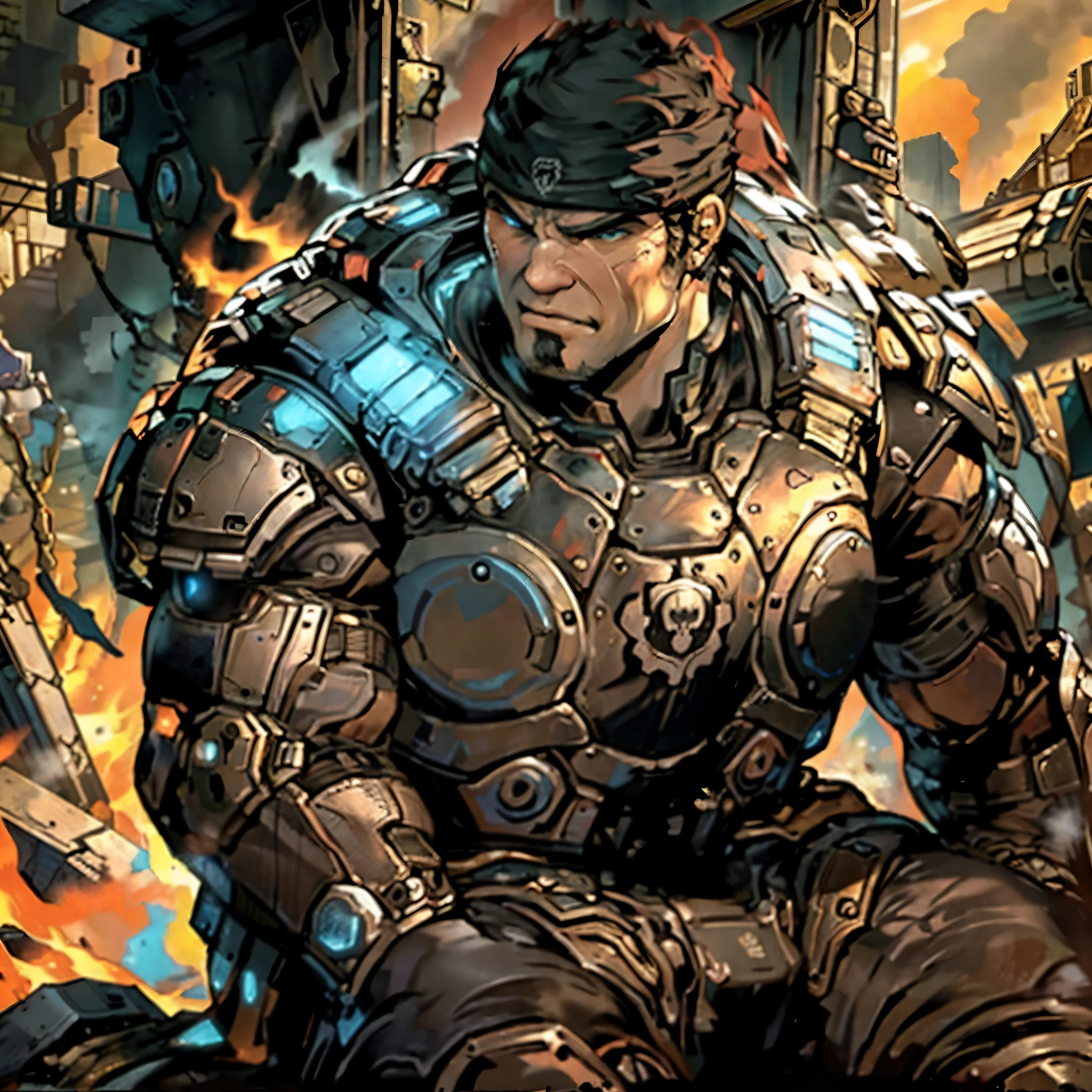 Marcus Fenix,Cog armor,sitting on debris,angered face,detailed face,side angle view,city in flame background,masterpiece,high quality picture 