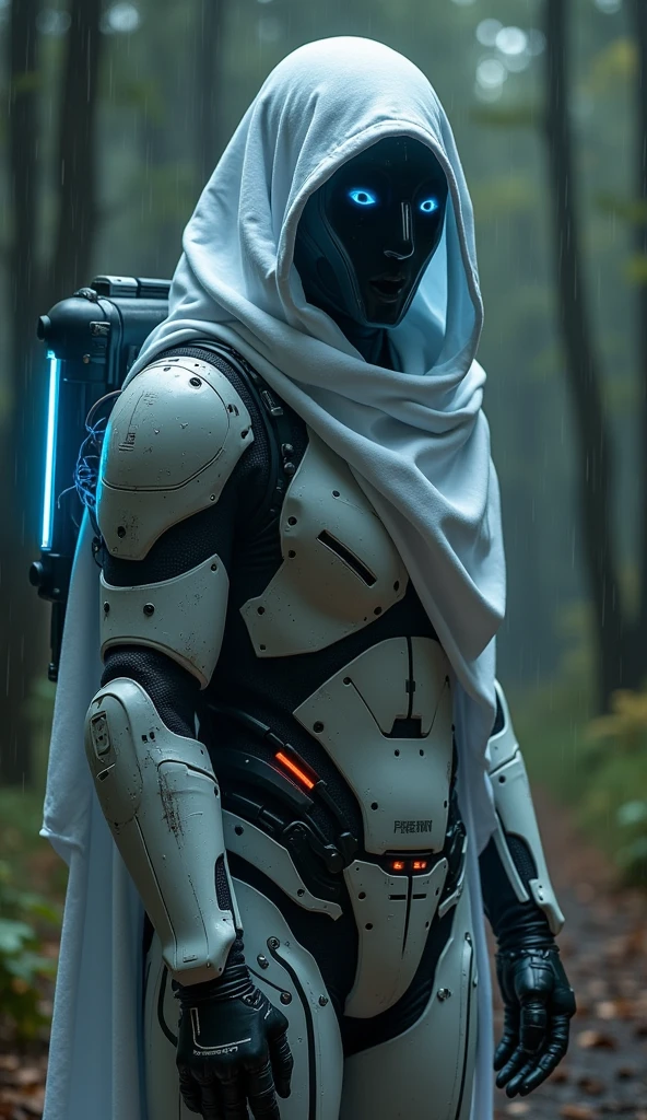  Mecha Like ghost darkness eyes, dark in large white cloth, 宙に浮いている, Pose, white and Black Line Armor, Front Pack  , Bomber,  blue Static Shock in thin hand,  cyberpunk Tech Helmet, technology， surreal, Inside the dark forest,  hard raining, 