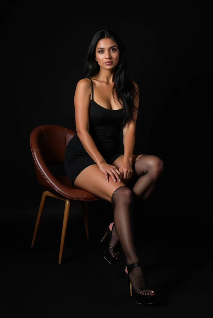 Captivating Indian beauty posing confidently in front of a sleek black backdrop, seated on a stylish chair. She wears a form-fitting black dress that showcases her toned physique, paired with daring over-the-knee socks and stiletto heels that elongate her statuesque legs. Her gaze directly engages the camera, exuding a sense of sophistication and allure.