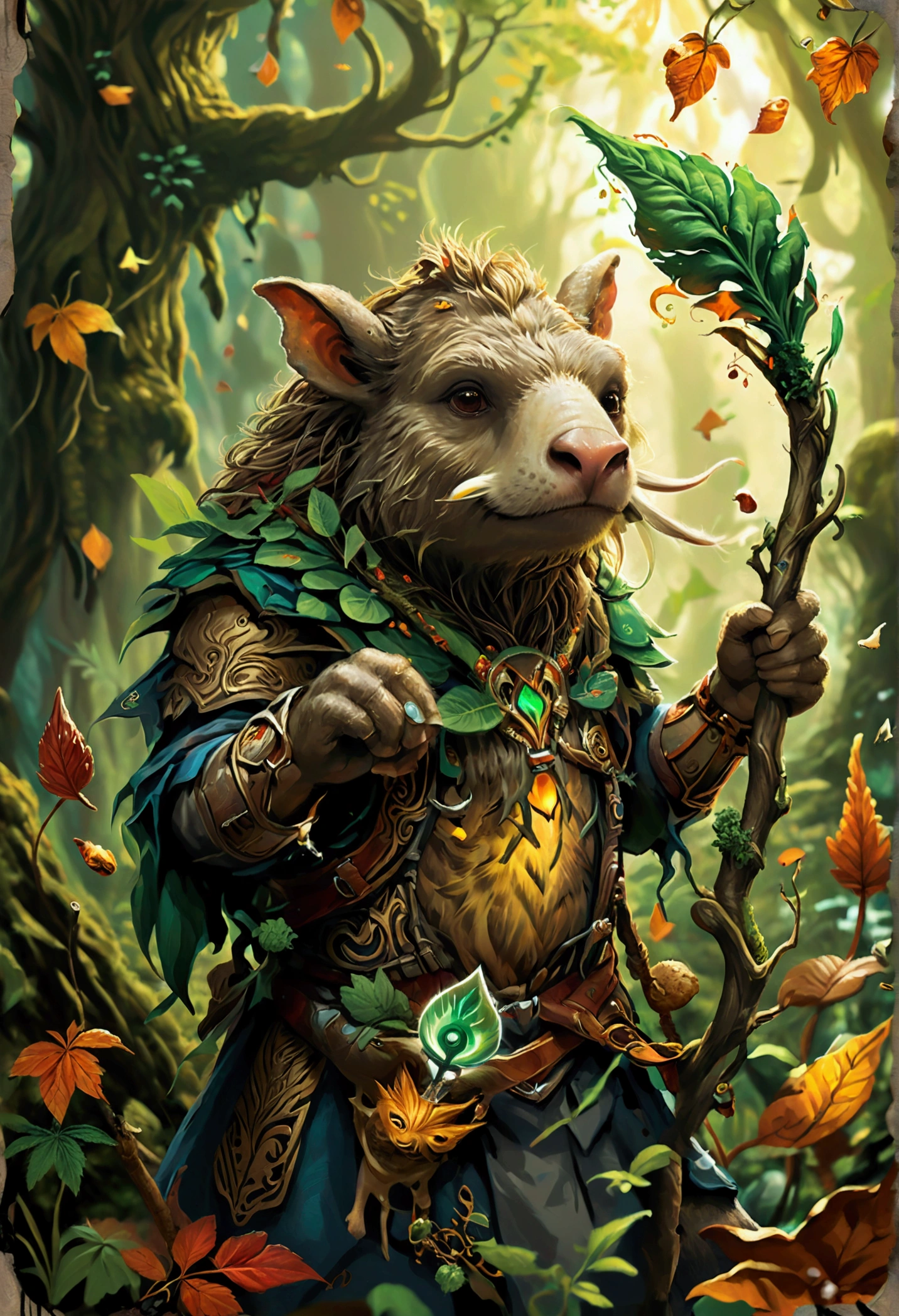 Full color t-shirt design, based on a collectible card series like Magic the Gathering, depicting the character Roland Greenflicker a swift-footed forest guardian who can turn a leaf into any tool he needs. His animal companion is Munchie the Miniature Mammoth, a tiny but mighty creature with a taste for enchanted  cannabis treats. They are surrounded by other mythical creatures similar to an Alice in Wonderland storyline