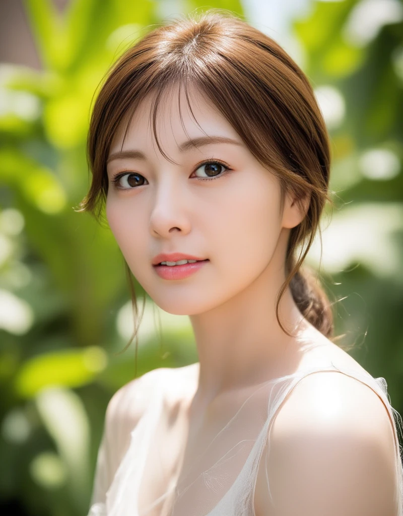 Outdoor、Daytime、Vivid background、garden、Full body images, Ultra-thin and transparent, Thighs、((Cute Hairstyles )), attractive woman, ,( Top quality realistic textured skin :1.4), Detailed eyes, Detailed face,  high quality eyes ,  clearly focus on eyes,  delicate and sexy collarbone,  Attractive Oval Face , double eyelid,  white skin、smile、Pubic pink lips , Small Nose, nude, Full Body Closeup , Ultra High Resolution, super detailed, front、