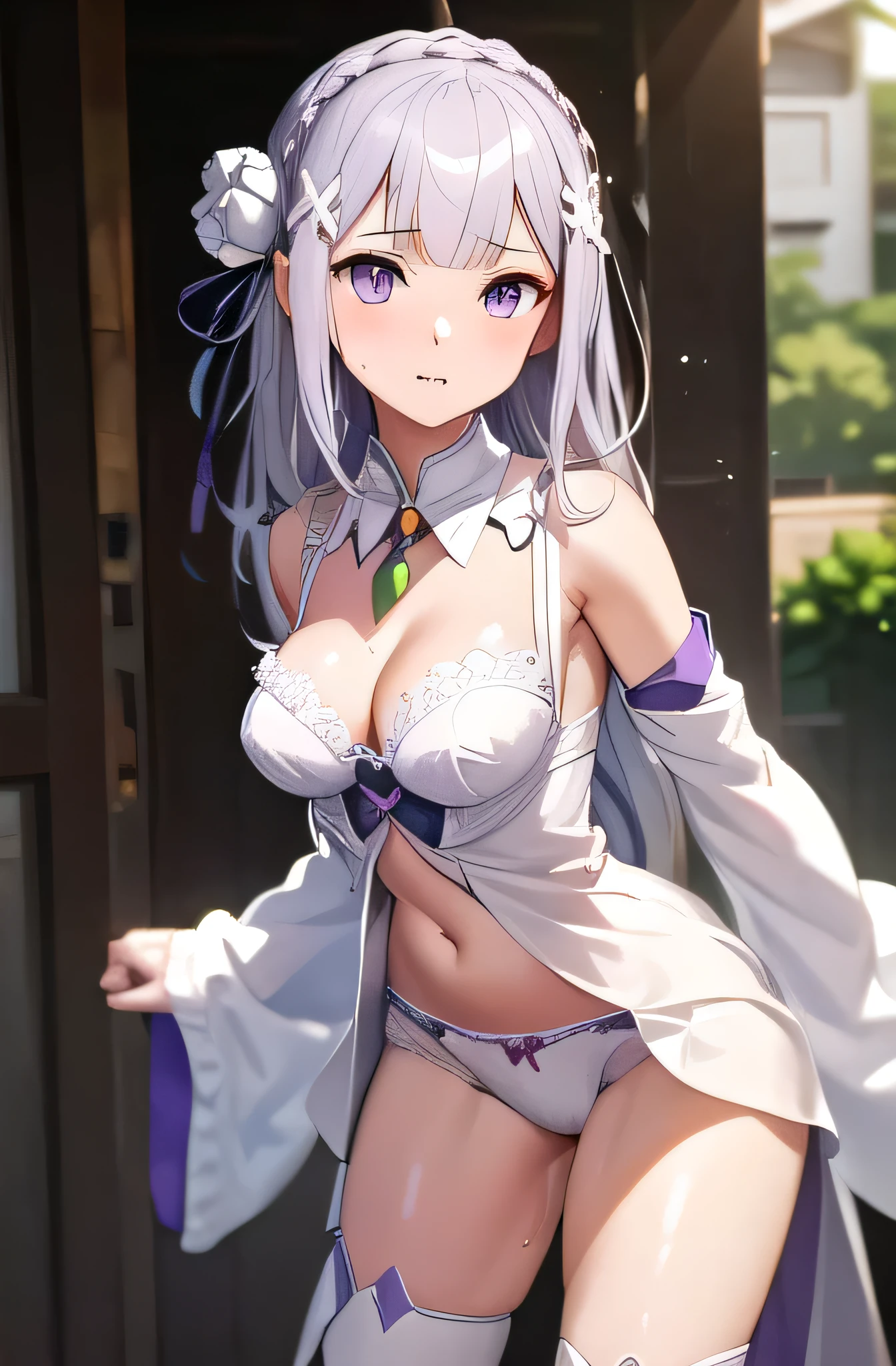 ((masterpiece)), ((Best Quality)), (( Kampala)), (( detailed background )), ((  Highly Detailed CG Unity 8K Wallpaper )), Alone, Emilia, Silver Hair, Long Hair, Purple Eyes, Hair bundle,  cowboy shot of a man, Outdoor, loli in dress,  ((long hair)) with blunt bangs, crown braid, detached collar, wide sleeves, x hair ornament, hair flower, hair ribbon, thigh boots, pleated_white_skirt, [ 4 k digital art ]!!, thighs close up, | fine detail anime, clean detailed anime art,  (neat figure:1.5) (a girl:1.5), 18year old, High school students, Beautiful Finger, beautiful long leg, Beautiful body, Beautiful nose, Beautiful character design, Perfect eyes, face perfect, a navel, Beautiful hair, Sweat, Animated, (Portrait), (White dress shirts, Sleeve Here Wrist, bottom less, bapurple chest:1.5), (lovely big breasts:1.5), (Beautiful face:1.5), (narrowwaist), delicate patterns, intricate detailes, an anime girl, A seductive anime girl, beautiful alluring anime woman, Beautiful charming anime teen, Smooth Anime CG Art, Beautiful anime girl, charming anime girls, The best girls in anime, beautiful anime woman, oppai, Ecchi anime style, lascivious, Exquisite cloth, white brassiere, Highly detailed bra, Ren Hao, Lace-trimmed legwear, delicate patterns, intricate detailes, purple blush, shinny skin, oestrus, (Style image of woman in white underwear:1.5), A seductive anime girl, Small curved loli, Smooth Anime CG Art, beautiful alluring anime teen, photorealistic anime girl render, beautiful alluring anime woman, and souls, Soft lighting, Beautiful anime girl, charming anime girls, Perfect body with realistic shading,