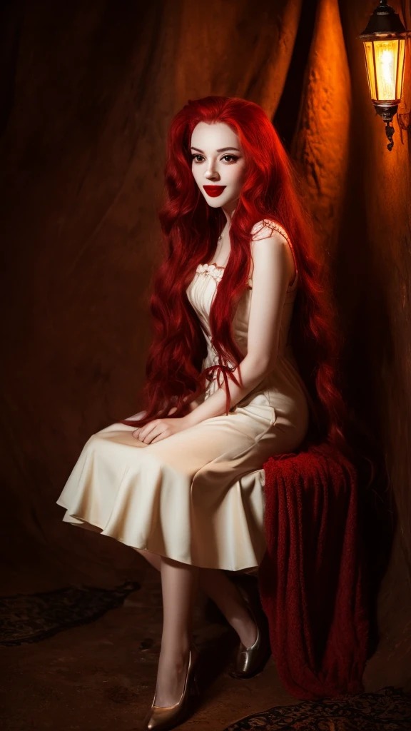  Vampire girl with long red hair ,de pie ,full body   , Vintage dress  , Lamplight , Open eyes  ,large fangs ,  red lips , en una cueva 