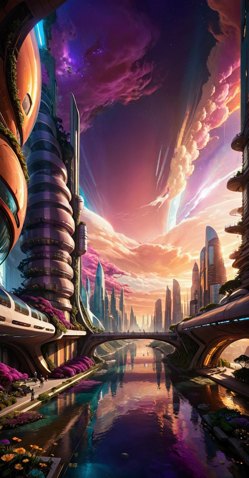 Prompt for SeaArt (Futuristic Sci-Fi Landscape):

"Create a hyper-realistic, breathtaking futuristic sci-fi landscape bathed in radiant twilight colors. Picture a sprawling metropolis with towering skyscrapers of sleek glass and metal, adorned with holographic lights, and interconnected by high-tech bridges. A tranquil river reflects the cityscape, while exotic, luminescent plants and flowers bloom along its banks, enhancing the serene, otherworldly vibe. Hovering vehicles drift smoothly through the sky, and a soft, golden sunset glow illuminates the scene, casting long, ethereal shadows. The sky is filled with swirling pink, purple, and teal clouds, blending into a deep cosmic view with stars beginning to sparkle above. Every detail, from the buildings to the plants and distant mountains, should exude sophistication, beauty, and futuristic wonder."

This prompt is designed to capture a highly detailed, realistic, and captivating sci-fi world that would visually appeal and trend on social media. Let me know if you'd like any adjustments!

