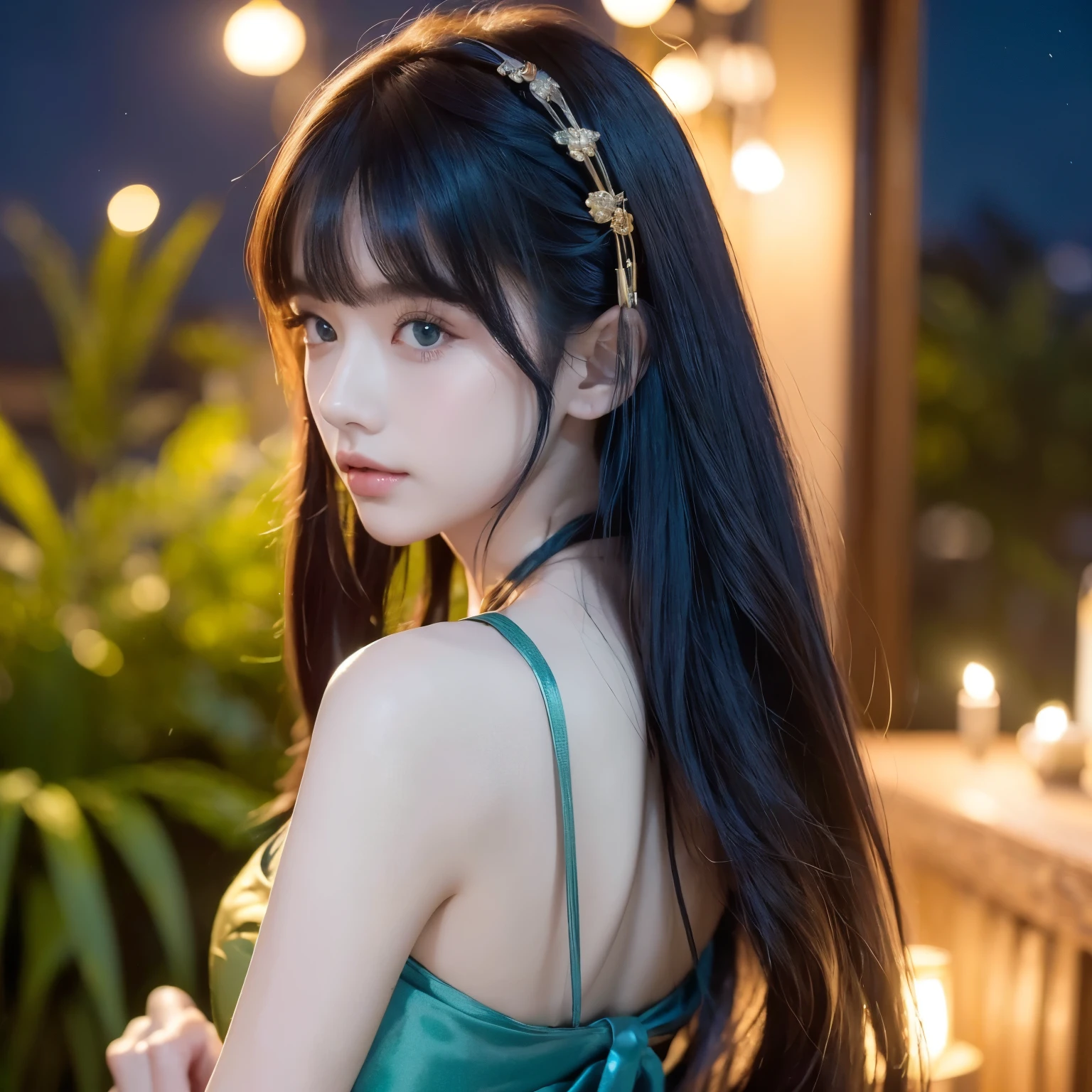 (masterpiece,  is the best quality,  high resolution:1.4), wallpaper, whole body, 1 Girl, Long hair, ( blue hair :1.0), (Dark hair:1.0),  green eyes ,  shoulder-length hair , Gradient hair,  Small Breasts , Side facing , yukata ,  holding  firecrackers, night, Hairpin, Bangs,