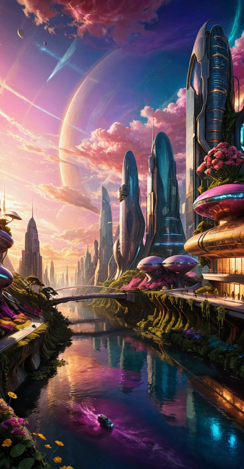 Prompt for SeaArt (Futuristic Sci-Fi Landscape):

"Create a hyper-realistic, breathtaking futuristic sci-fi landscape bathed in radiant twilight colors. Picture a sprawling metropolis with towering skyscrapers of sleek glass and metal, adorned with holographic lights, and interconnected by high-tech bridges. A tranquil river reflects the cityscape, while exotic, luminescent plants and flowers bloom along its banks, enhancing the serene, otherworldly vibe. Hovering vehicles drift smoothly through the sky, and a soft, golden sunset glow illuminates the scene, casting long, ethereal shadows. The sky is filled with swirling pink, purple, and teal clouds, blending into a deep cosmic view with stars beginning to sparkle above. Every detail, from the buildings to the plants and distant mountains, should exude sophistication, beauty, and futuristic wonder."

This prompt is designed to capture a highly detailed, realistic, and captivating sci-fi world that would visually appeal and trend on social media. Let me know if you'd like any adjustments!

