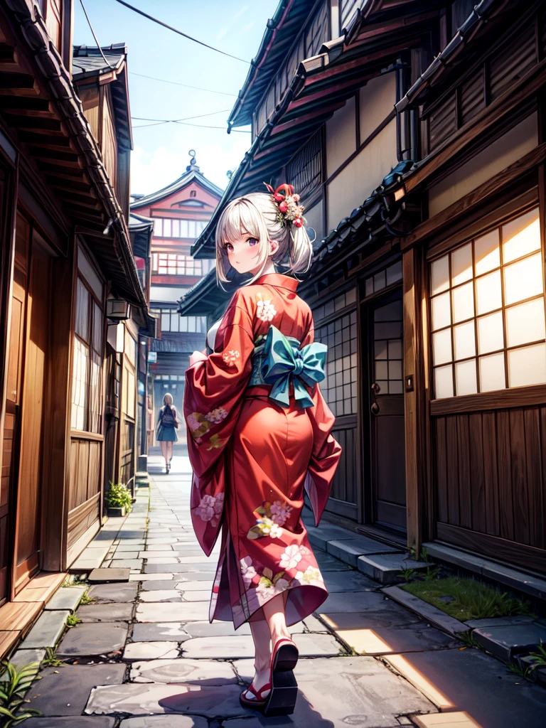 An 8K, high-resolution image of a beautiful young girl walking through the traditional streets of Kyoto, surrounded by historical architecture. She is wearing a stunning, red floral-patterned kimono that adds a vibrant contrast to the serene, old-fashioned Japanese townscape. The cobblestone path and wooden buildings with tiled roofs create an authentic Kyoto atmosphere, and gentle sunlight filters through, casting soft shadows on the streets. The girl’s expression is peaceful as she enjoys the quiet beauty of the town. Detailed textures of her kimono, the surrounding architecture, and the natural lighting enhance the traditional and picturesque setting,