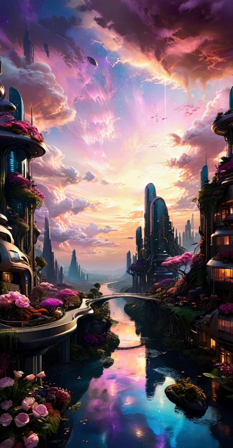 Prompt for SeaArt (Futuristic Sci-Fi Landscape):

"Create a hyper-realistic, breathtaking futuristic sci-fi landscape bathed in radiant twilight colors. Picture a sprawling metropolis with towering skyscrapers of sleek glass and metal, adorned with holographic lights, and interconnected by high-tech bridges. A tranquil river reflects the cityscape, while exotic, luminescent plants and flowers bloom along its banks, enhancing the serene, otherworldly vibe. Hovering vehicles drift smoothly through the sky, and a soft, golden sunset glow illuminates the scene, casting long, ethereal shadows. The sky is filled with swirling pink, purple, and teal clouds, blending into a deep cosmic view with stars beginning to sparkle above. Every detail, from the buildings to the plants and distant mountains, should exude sophistication, beauty, and futuristic wonder."

This prompt is designed to capture a highly detailed, realistic, and captivating sci-fi world that would visually appeal and trend on social media. Let me know if you'd like any adjustments!

