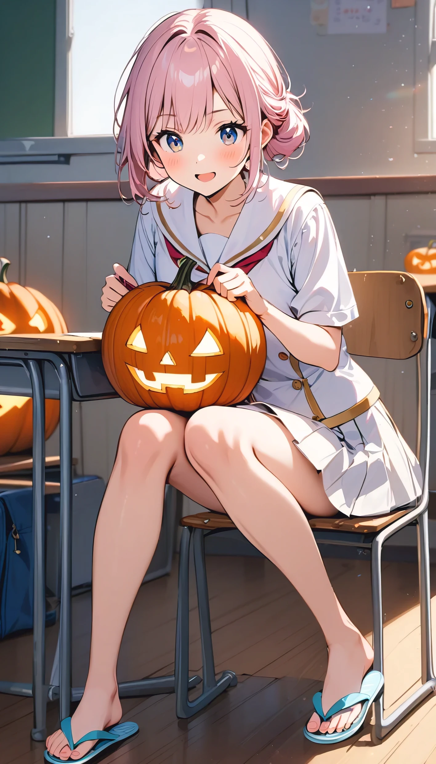 a woman with a gentle expression , Light Pink Haired Japanese Girl in White Stage Outfit, Pleasant warmth, pumpkin lanterns, own, a short person sitting in chair reading book at school with flip flops on, 1girl, classroom, desk, bag, indoors, school uniform