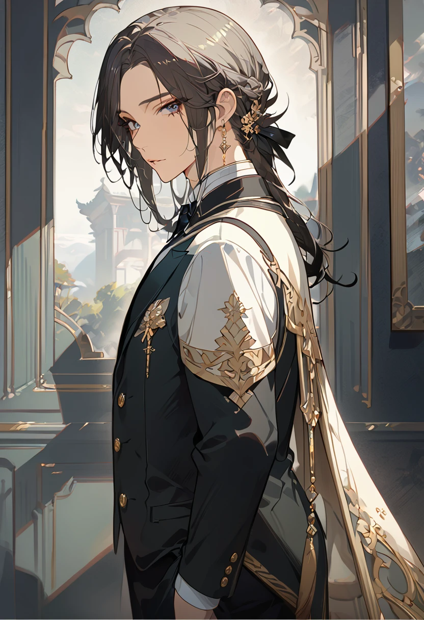 masterpiece, best quality, 8k ,4k , 1 male, elf, long ears elf, dark grayish hair, dark greenish eyes, hair ornament, finely detailed eyes and detailed face, looking at viewer, from side, meticulous clothes, formal clothes, combination of white and black coat, half cape by the shoulders, patterned clothes, majestic looks, sharp looks, shadows, inspired by Asukaziye artist : ask, art style : ask