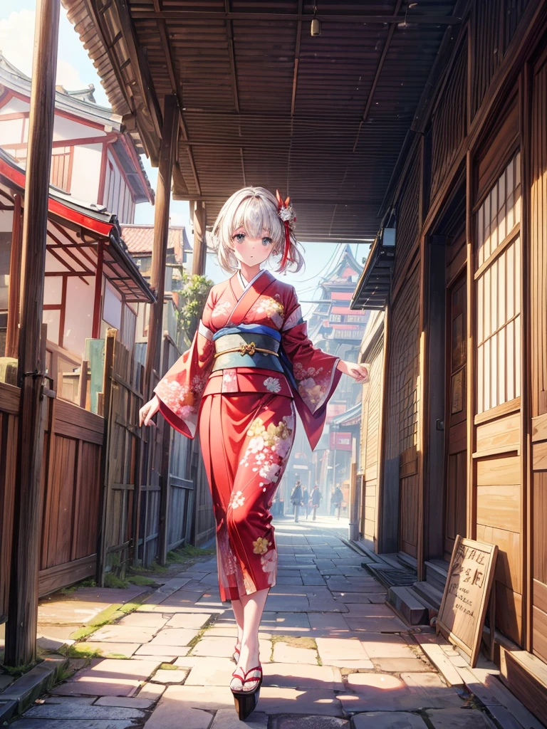 An 8K, high-resolution image of a beautiful young girl walking through the traditional streets of Kyoto, surrounded by historical architecture. She is wearing a stunning, red floral-patterned kimono that adds a vibrant contrast to the serene, old-fashioned Japanese townscape. The cobblestone path and wooden buildings with tiled roofs create an authentic Kyoto atmosphere, and gentle sunlight filters through, casting soft shadows on the streets. The girl’s expression is peaceful as she enjoys the quiet beauty of the town. Detailed textures of her kimono, the surrounding architecture, and the natural lighting enhance the traditional and picturesque setting,