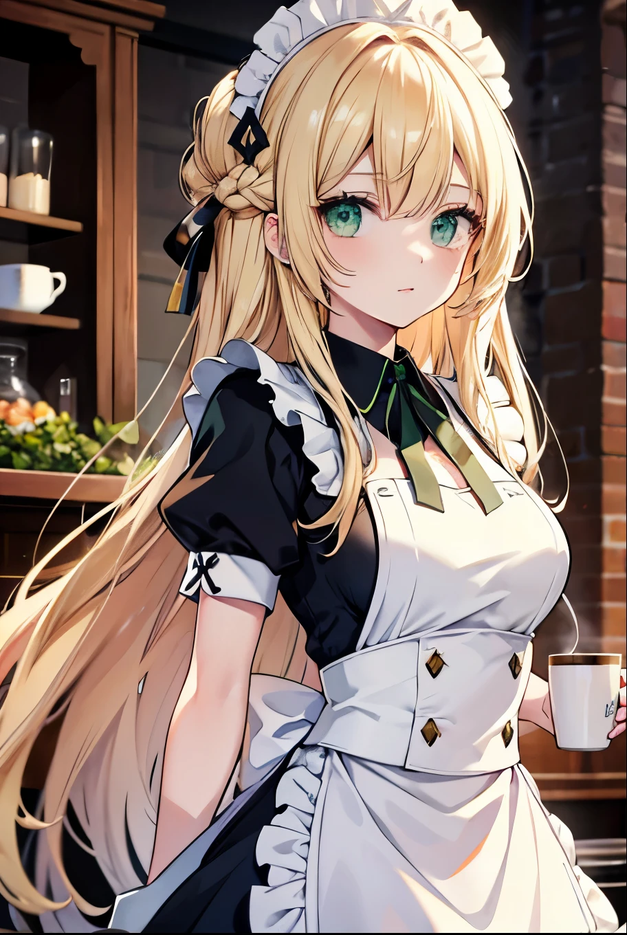  blond ， green eyes ，，Long hair ， Beautiful woman， Maid costume，coffee shop background，Medium breasts