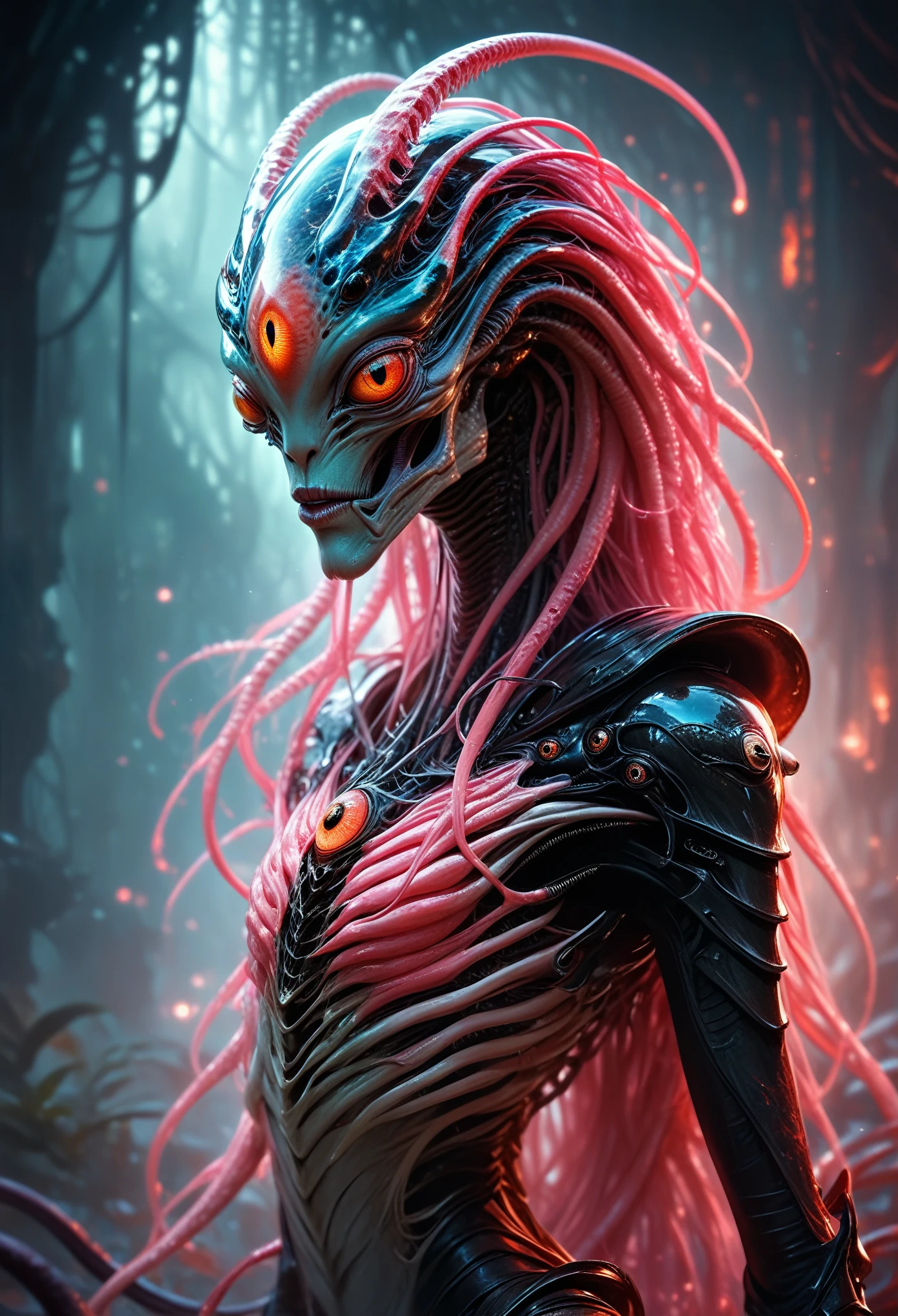 (best quality,4k,8k,highres,masterpiece:1.2), ultra-detailed, (realistic,photorealistic,photo-realistic:1.37), (((There is a female genital-like organ on her head:1.7))), (There's a pussy on her forehead]1.3), 1 creature, otherworldly, Lovecraftian, chitinous skin, bioluminescent patterns, somber color palette, eerie lighting.(NSFW:1.4), white, pink, green, very sharp long red claws, (She has bioluminescent all over her body:1.3), erotic, (NSFW:1.5), fractal, tangle, entangle, zentangle, destroyed anatomy, (extremely thin waist:1.2), ferocious predator,