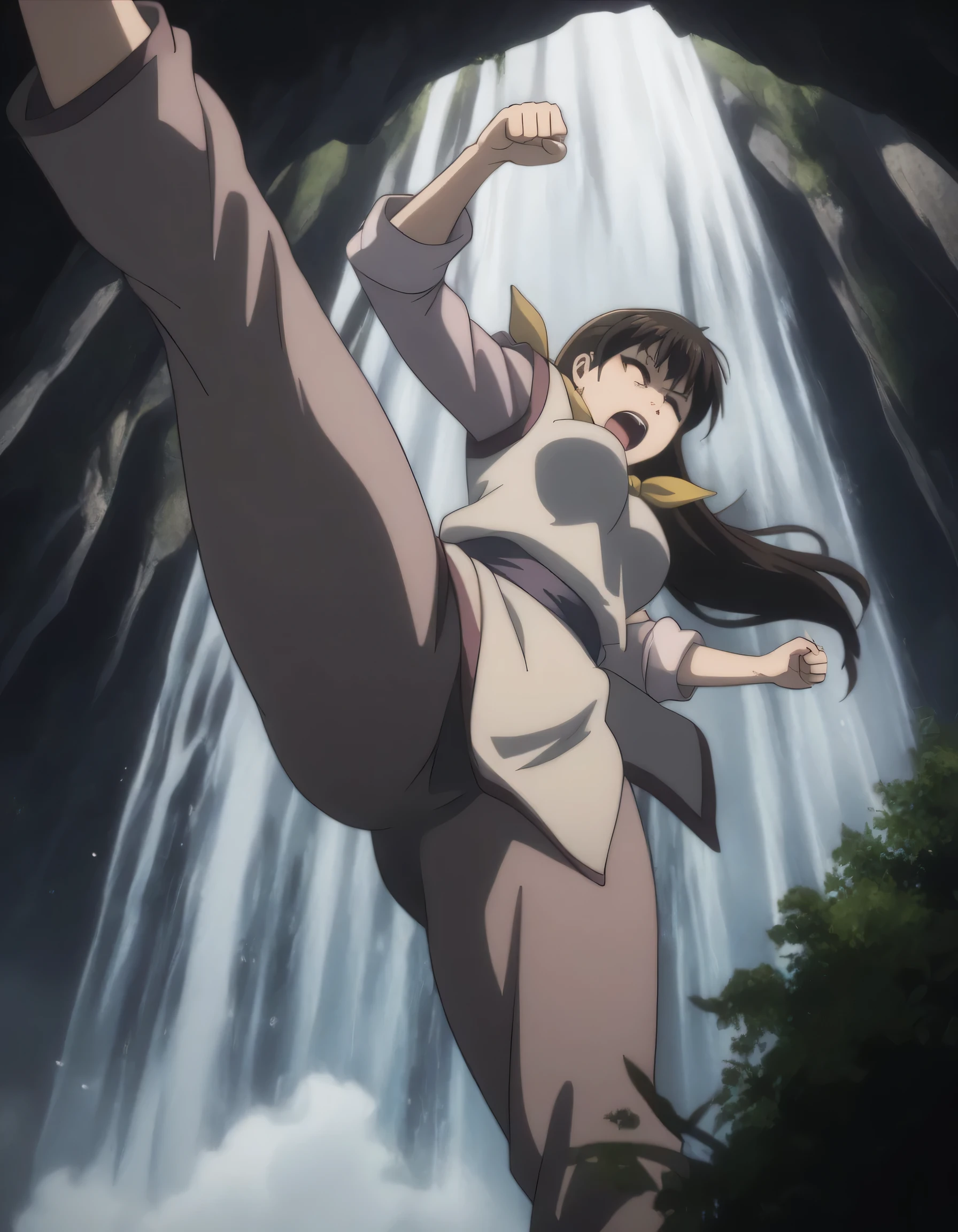 score_9, score_8_up, score_7_up, gsfghtr, multicolored robe, neckerchief, 1girl, bright, best lighting, (legs kicking high up), shout, waterfall, from below