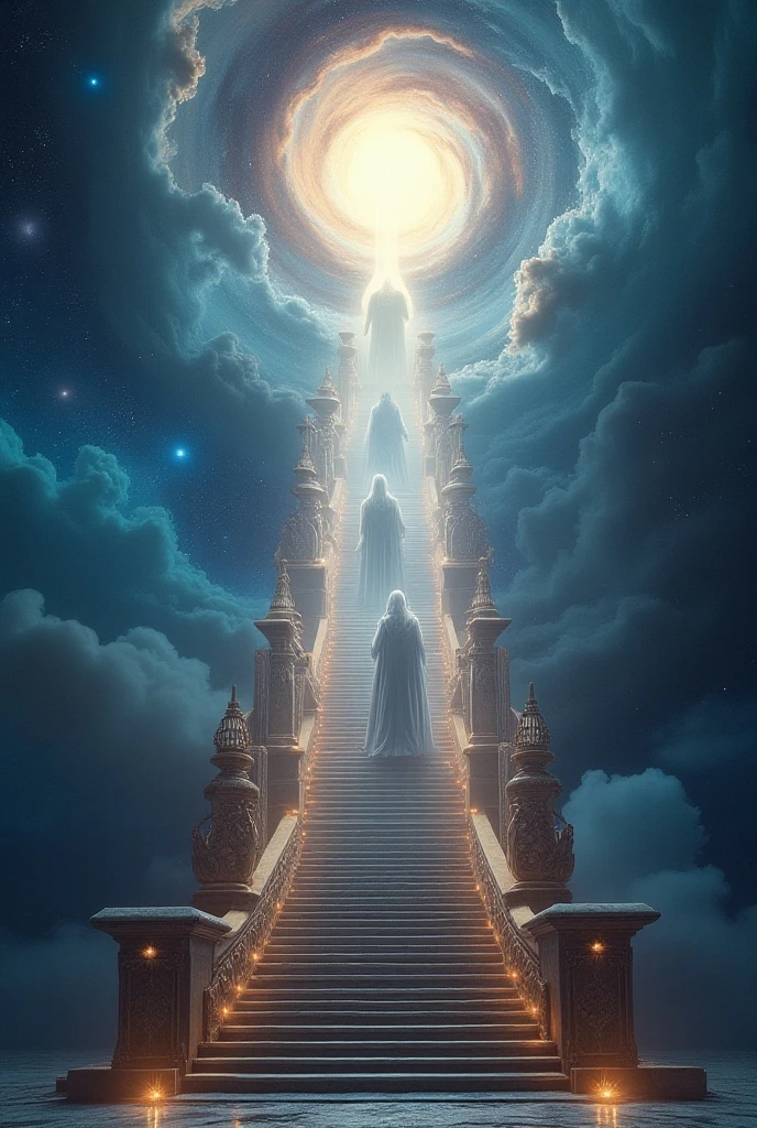 a stairway to heaven, ghostly procession, cheerful, tranquil, fate, reincarnation, vast cosmos, refined design, 8k quality, highly detailed, cinematic, dramatic lighting, vibrant colors, muted tones, surreal, ethereal, mystical, sacred, spiritual, divine, transcendent, ornate, intricate, ornamental, elegant, majestic, awe-inspiring, magnificent, grandiose, epic, sweeping, panoramic, immersive, atmospheric, moody, contemplative, meditative, serene, calming, peaceful, harmonious, balanced, symmetrical, geometric, architectural, futuristic, sci-fi, fantasy, dreamlike, otherworldly, magical, enchanting, mesmerizing, captivating, hypnotic, stunning, breathtaking, magnificent, exquisite, masterpiece