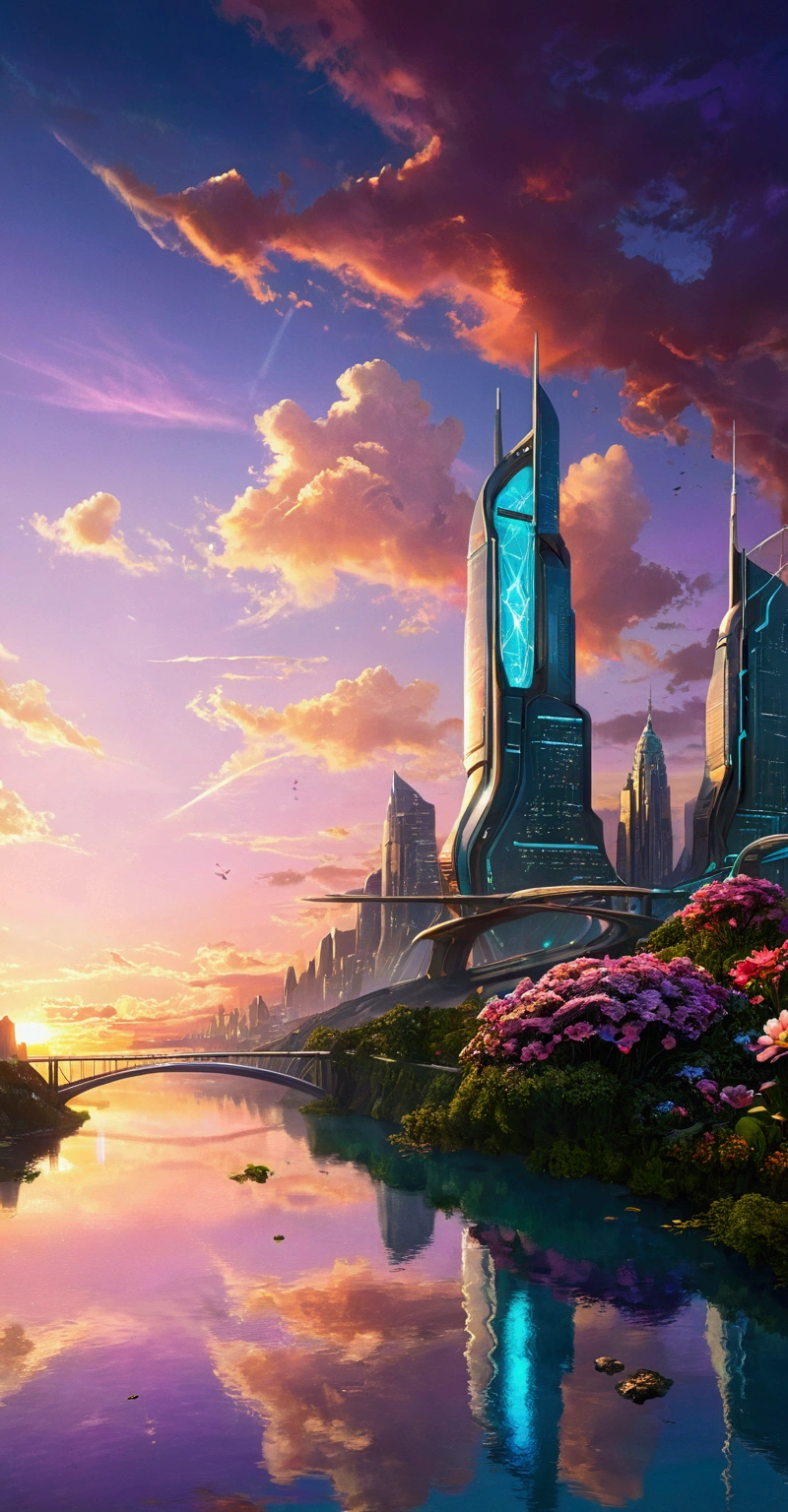 Prompt for SeaArt (Futuristic Sci-Fi Landscape):

"Create a hyper-realistic, breathtaking futuristic sci-fi landscape bathed in radiant twilight colors. Picture a sprawling metropolis with towering skyscrapers of sleek glass and metal, adorned with holographic lights, and interconnected by high-tech bridges. A tranquil river reflects the cityscape, while exotic, luminescent plants and flowers bloom along its banks, enhancing the serene, otherworldly vibe. Hovering vehicles drift smoothly through the sky, and a soft, golden sunset glow illuminates the scene, casting long, ethereal shadows. The sky is filled with swirling pink, purple, and teal clouds, blending into a deep cosmic view with stars beginning to sparkle above. Every detail, from the buildings to the plants and distant mountains, should exude sophistication, beauty, and futuristic wonder."

This prompt is designed to capture a highly detailed, realistic, and captivating sci-fi world that would visually appeal and trend on social media. Let me know if you'd like any adjustments!

