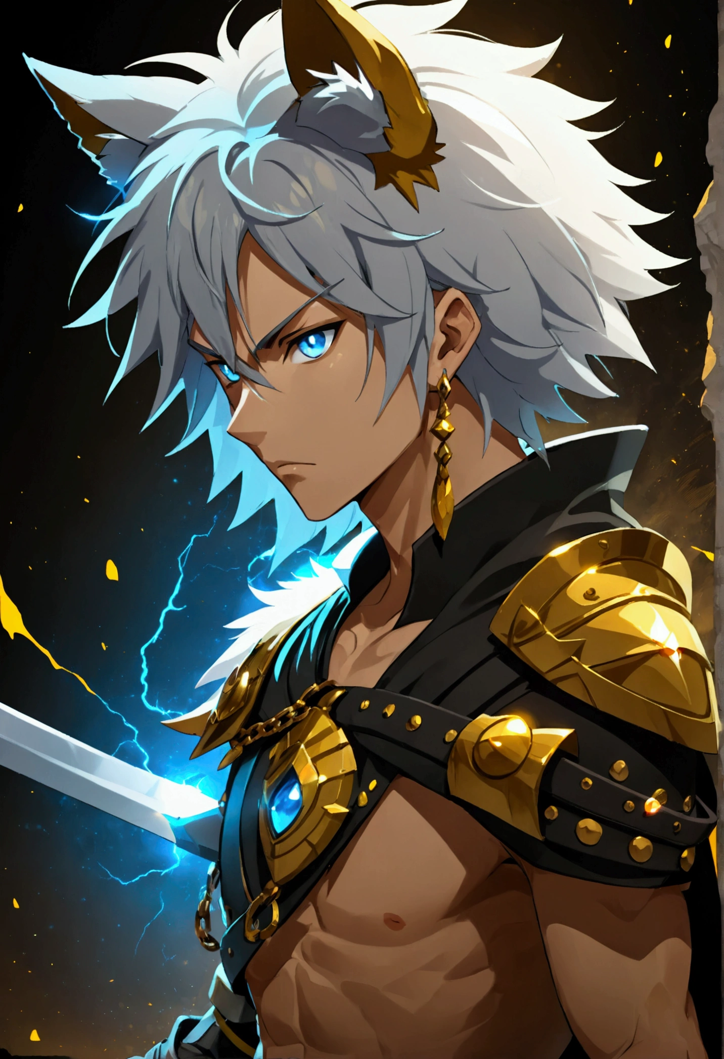 (detailed head), 1boy male, magic particles, anime face, wolf ears, white skin human, full body, black boots, cinematic lighting, darkness, group character, golden ornaments, chains, earrings, old warrior, shiny obsidian armor and golden bore details, black belt, scars, focused, newly built Egyptian style magic background, strong, ready for battle, magical, masculine, warrior stance, muscular, slim, blue eyes, standing, ancient warrior, lots of body hair, big hands, (Medieval) black sword and golden edge, ((Anime character design)), ((Dramatic studio lighting)), ((Fine lines)), ((Stunning character focus)), ((Highly detailed)), ((Stunning graphics)), ((Detailed strokes)), ((Atmospheric)), ((Blurred background)), ((Ultra-fine 2D design)), ((Creative scenery)), ((Highly detailed anime painting)), ((Best quality 2D strokes)), ((Best quality)), ((Sharp focus)), ((High-octane rendering)), ((8K anime style)), ((Full body))