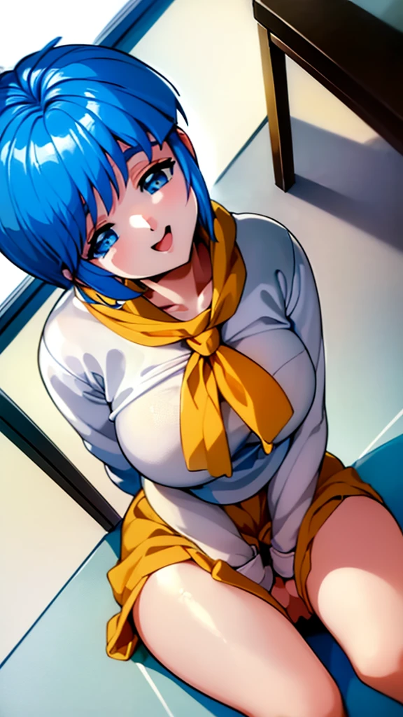 ( best quality , 8k, 32K, masterpiece,  ultra high resolution:1.2), Junior high school students,  uniform yellow scarf, Blue Hair,  short hair, Saki Nijino, Skirt lift, Sit down, open legs, no panties, classroom, smiling sexual , lure,  shows her genitals, Massage the breasts, Masturbation