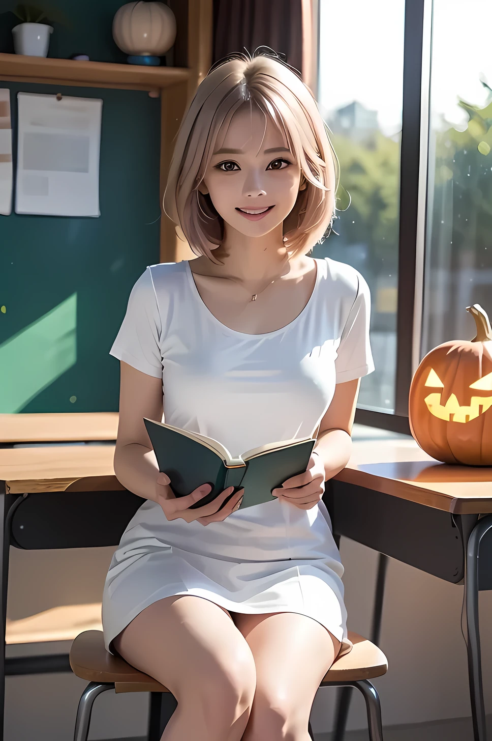 ビビッドカラースタイル, a woman with a gentle expression , Light Pink Haired Japanese Girl in White Stage Outfit, Pleasant warmth, pumpkin lanterns, own, a short person sitting in chair reading book at school with flip flops on, 1girl, classroom, desk, bag, indoors, school uniform