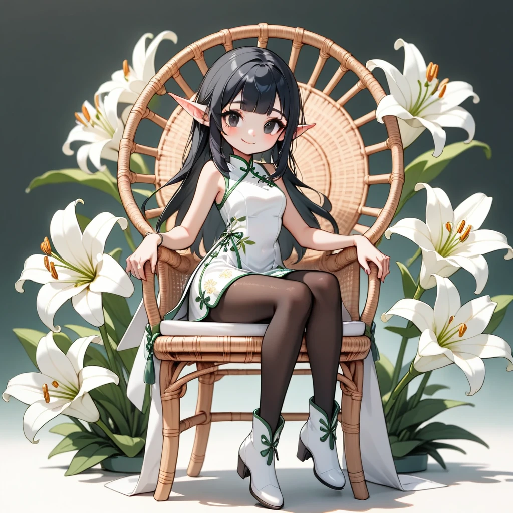 1 elven girl, solo, full body, sitting on a Rattan chair, legs apart, noble smile, blunt bangs, black Hair with ornament of a white lily, black eyes. drooping thin Pointed Ears, White Sleeveless mini Cheongsam with flower prints, black pantyhose, thigh, white short boots, simple background