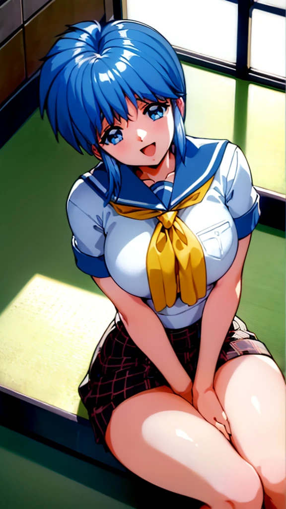 ( best quality , 8k, 32K, masterpiece,  ultra high resolution:1.2), Junior high school students,  uniform yellow scarf, Blue Hair,  short hair, Saki Nijino, Skirt lift, Sit down, open legs, no panties, classroom, smiling sexual , lure,  shows her genitals, Massage the breasts, masturbating in public