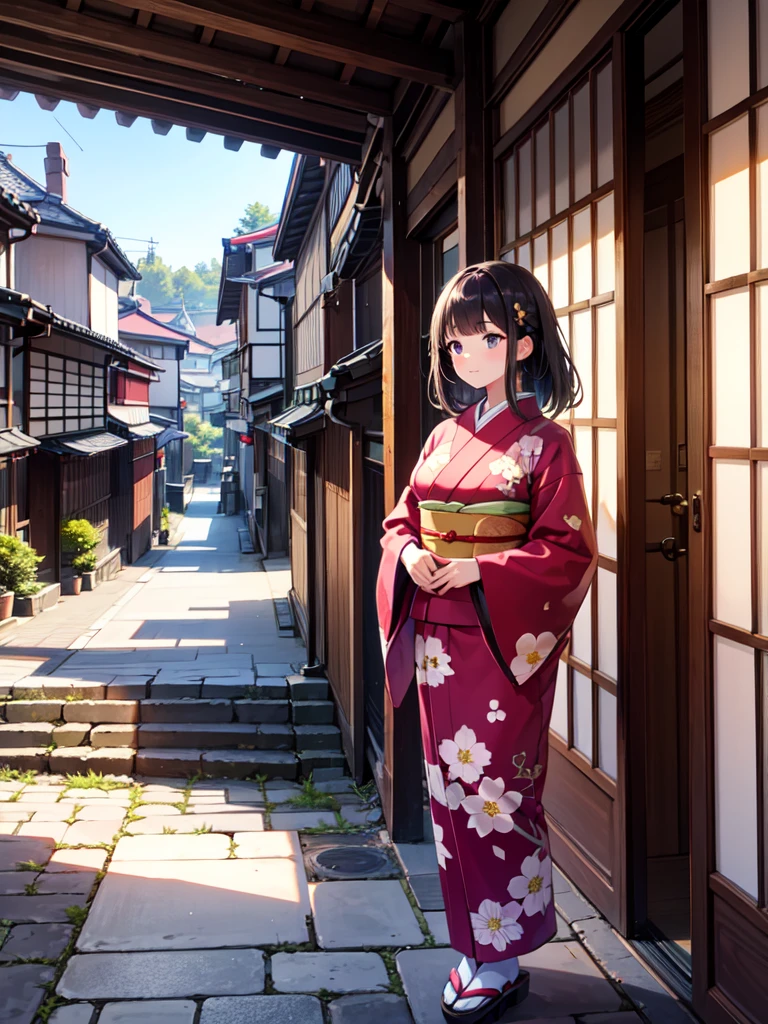 An 8K, high-resolution image of a beautiful young girl walking through the traditional streets of Kyoto, surrounded by historical architecture. She is wearing a stunning, red floral-patterned kimono that adds a vibrant contrast to the serene, old-fashioned Japanese townscape. The cobblestone path and wooden buildings with tiled roofs create an authentic Kyoto atmosphere, and gentle sunlight filters through, casting soft shadows on the streets. The girl’s expression is peaceful as she enjoys the quiet beauty of the town. Detailed textures of her kimono, the surrounding architecture, and the natural lighting enhance the traditional and picturesque setting,