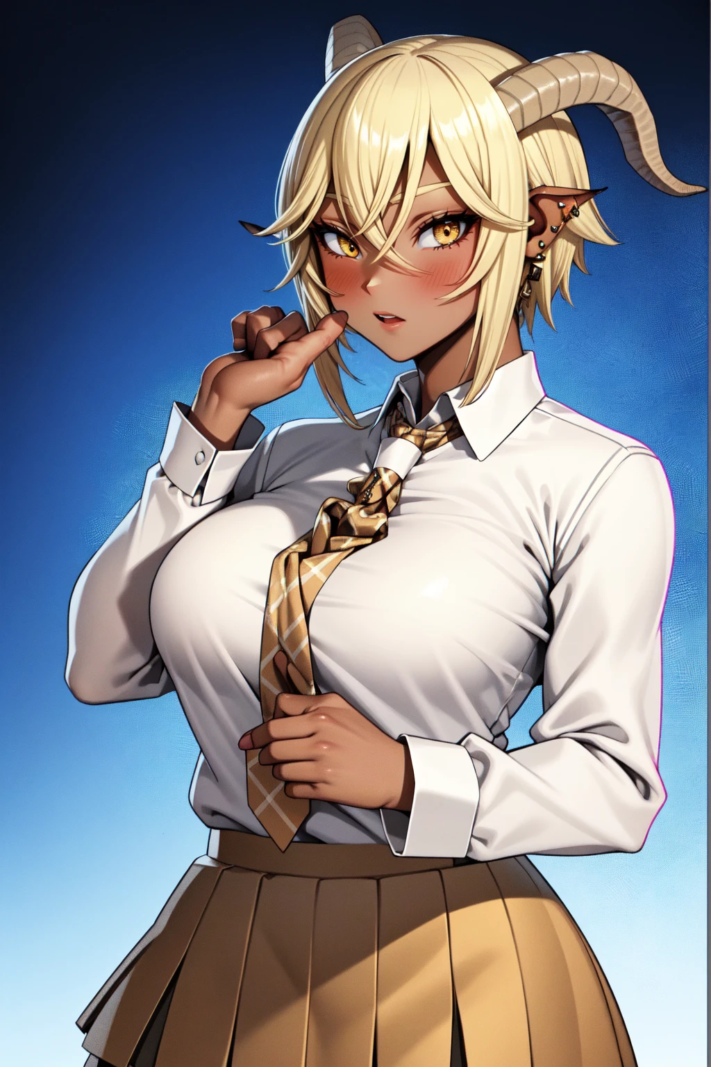 satyr, goat_horns, legfur, animal ears, solo, 1girl, blonde hair, short hair, amber eyes, dark skin, (gyaru), gyaru clothes, gyaru hair, piercings, earrings, (tomboy), large breasts, (tall), wearing skirt, white shirt,