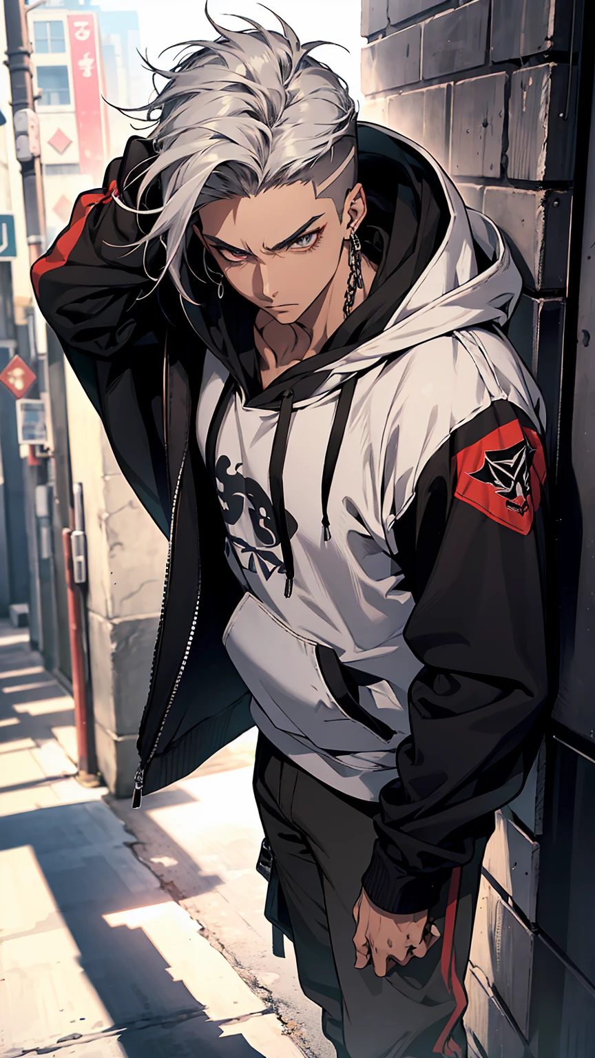 A young man with a tough yet stylish look, around early twenties, standing confidently. He has medium-length, slightly messy silver hair with a sharp undercut, adding to his edgy appearance. His eyes are a striking shade of dark red, giving him an intense, almost rebellious gaze. Kenji wears a black hoodie layered , A hip-hop dancer wearing a hooded sweatshirt.
along with silver chains around his neck and earrings in one ear, giving off a streetwise, defiant vibe. His pose is casual but guarded, hinting at his strong-willed personality.