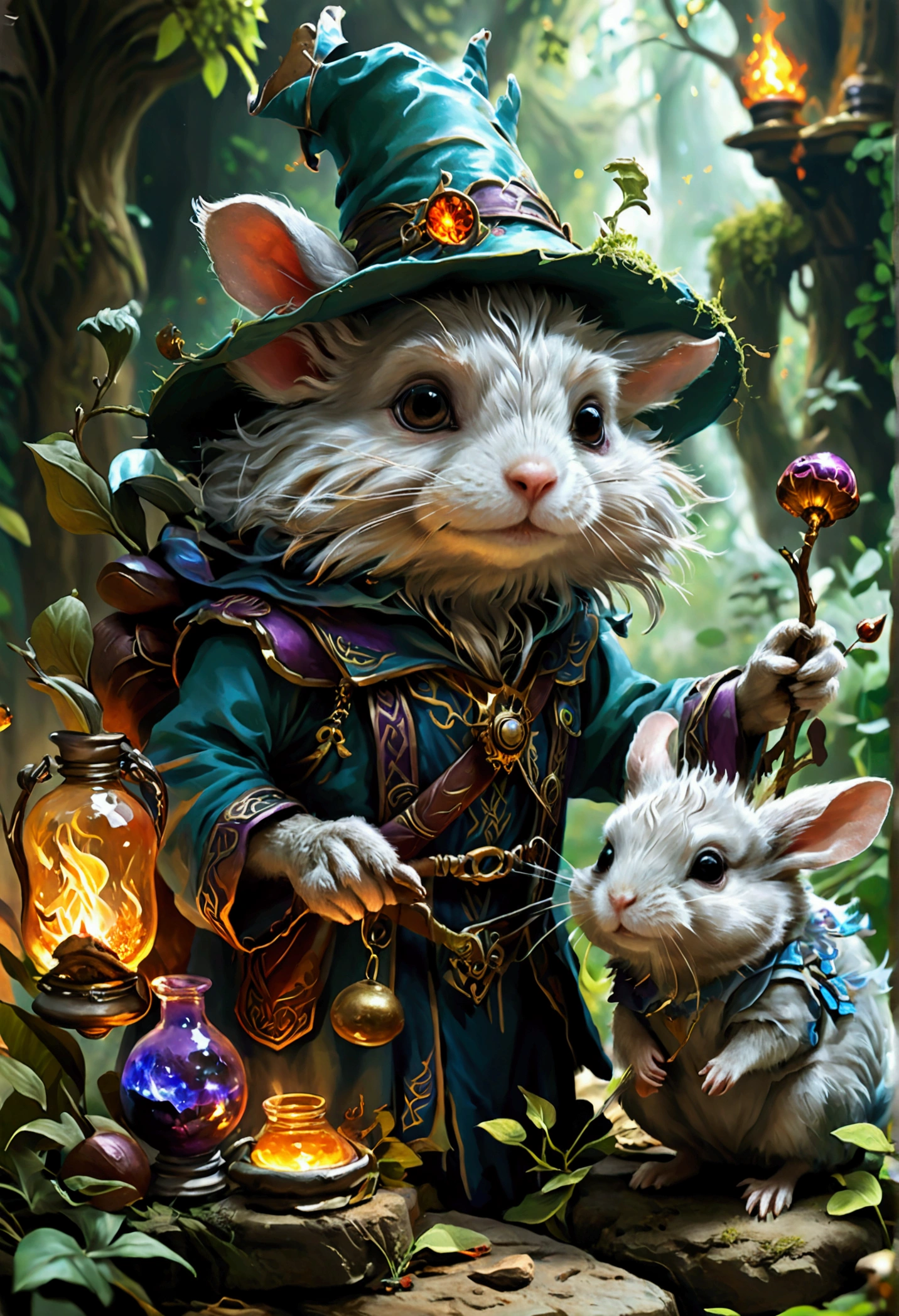 Full color t-shirt design, based on a collectible card series like Magic the Gathering, depicting the character Kief Willowmane a wise herbalist with silvery hair and a knack for crafting unique potions. His animal companion is "Cheeba the Chortling Chinchilla", a small, fluffy creature who can turn invisible when startled, They are surrounded by many other mythical creatures similar to an Alice in Wonderland scene