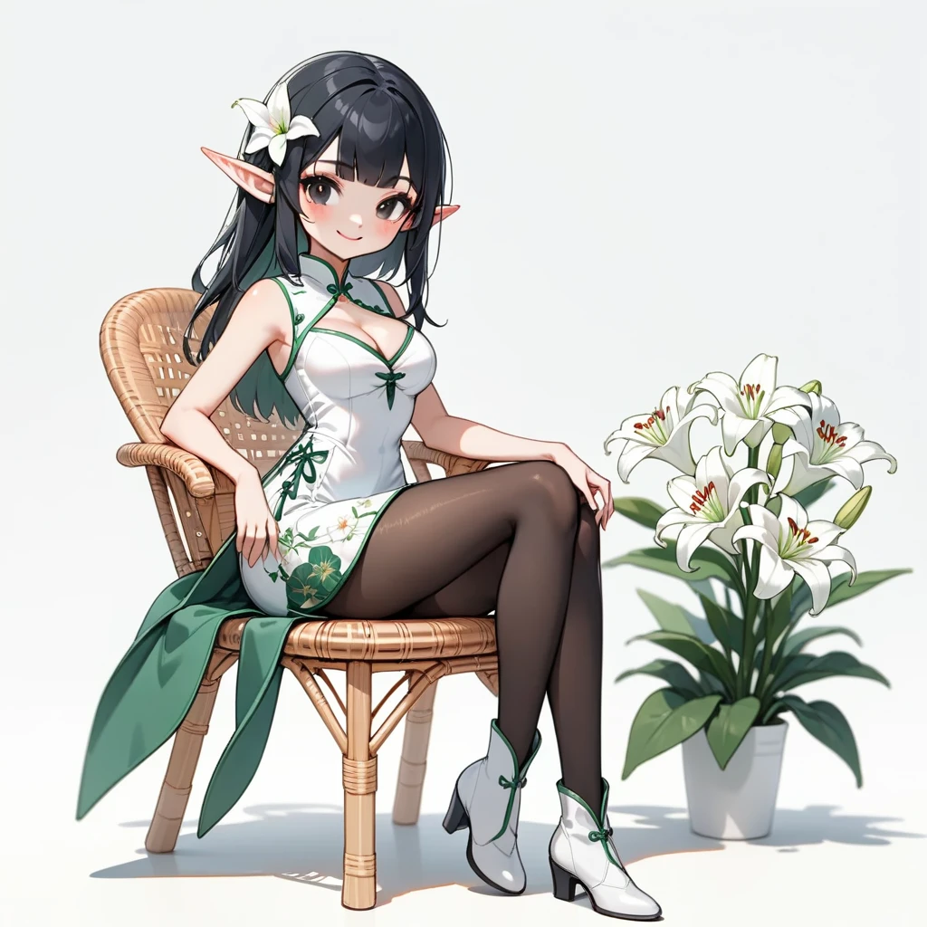 1 elven girl, solo, full body, sitting on a Rattan chair, leg up, noble smile, blunt bangs, black Hair with ornament of a white lily, black eyes. drooping thin Pointed Ears, breasts, Cleavage, White Sleeveless mini Cheongsam with flower prints, black pantyhose, thigh, white short boots, simple background