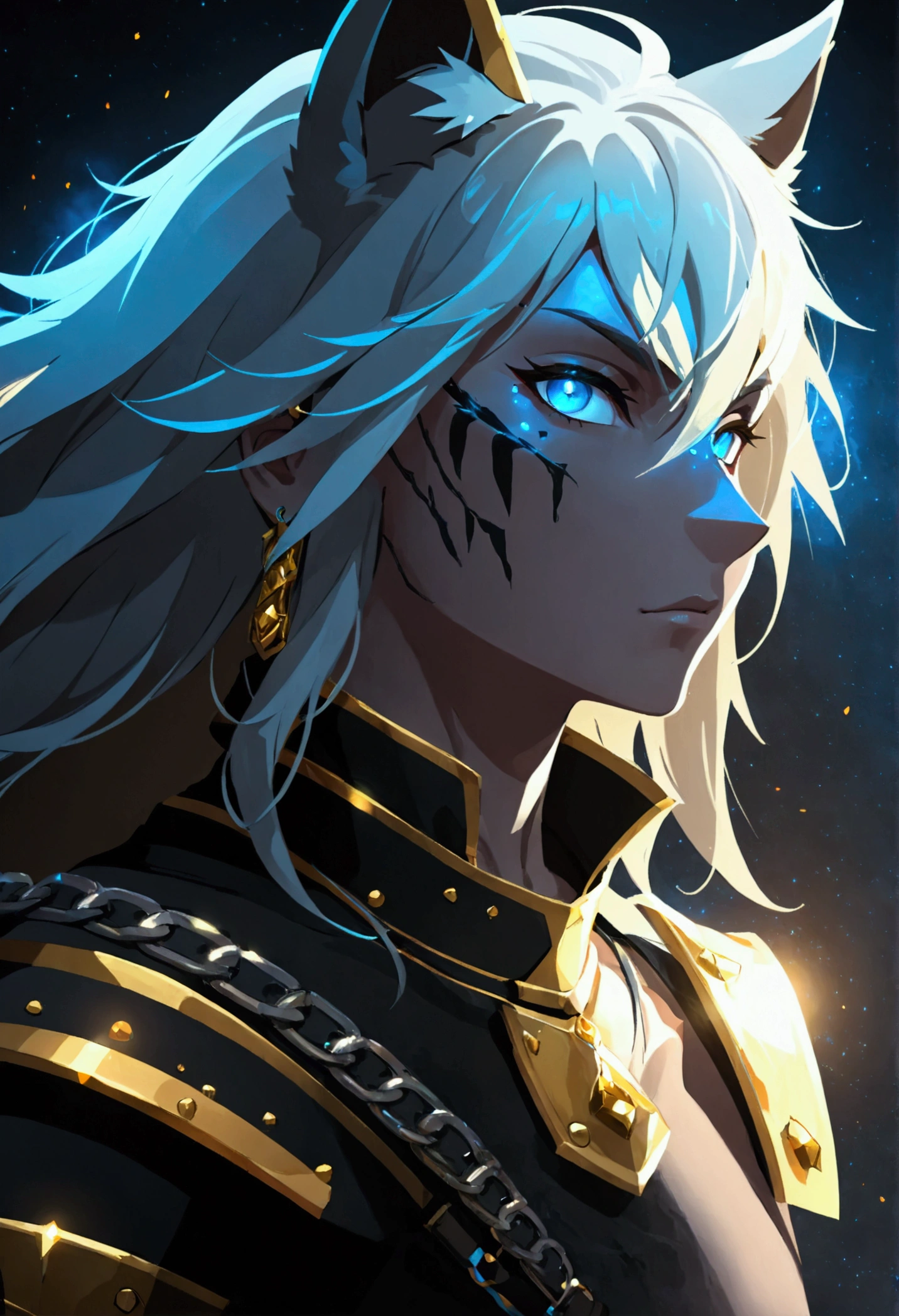 (detailed head), 1boy male, magic particles, anime face, wolf ears, white skin human, full body, black boots, cinematic lighting, darkness, group character, golden ornaments, chains, earrings, old warrior, shiny obsidian armor and golden bore details, black belt, scars, focused, newly built Egyptian style magic background, strong, ready for battle, magical, masculine, warrior stance, muscular, slim, blue eyes, standing, ancient warrior, lots of body hair, big hands, (Medieval) black sword and golden edge, ((Anime character design)), ((Dramatic studio lighting)), ((Fine lines)), ((Stunning character focus)), ((Highly detailed)), ((Stunning graphics)), ((Detailed strokes)), ((Atmospheric)), ((Blurred background)), ((Ultra-fine 2D design)), ((Creative scenery)), ((Highly detailed anime painting)), ((Best quality 2D strokes)), ((Best quality)), ((Sharp focus)), ((High-octane rendering)), ((8K anime style)), ((Full body))