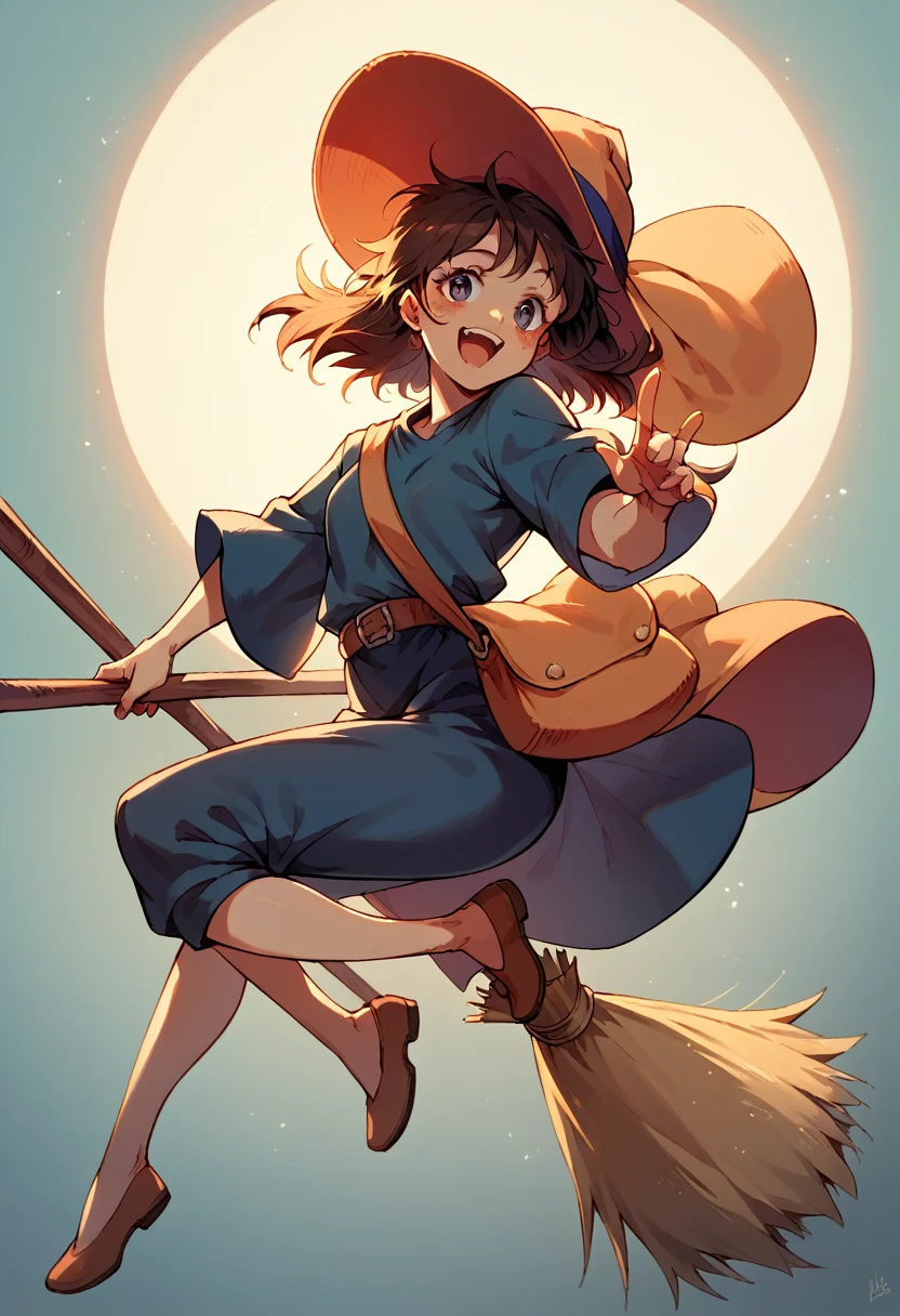 Kiki from Kiki's delivery system ((young witch)) ((riding a broom)) happy and sexy