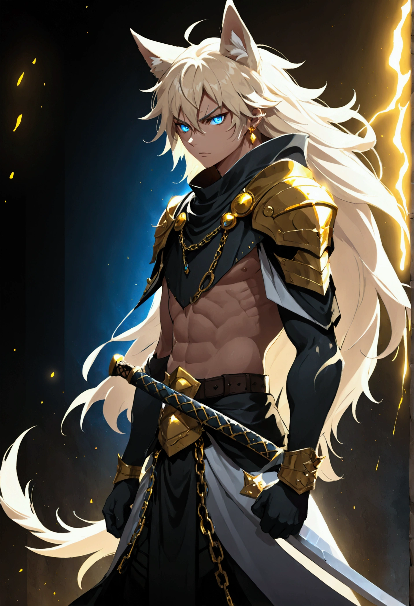 (detailed head), 1boy male, magic particles, anime face, wolf ears, white skin human, full body, black boots, cinematic lighting, darkness, group character, golden ornaments, chains, earrings, old warrior, shiny obsidian armor and golden bore details, black belt, scars, focused, newly built Egyptian style magic background, strong, ready for battle, magical, masculine, warrior stance, muscular, slim, blue eyes, standing, ancient warrior, lots of body hair, big hands, (Medieval) black sword and golden edge, ((Anime character design)), ((Dramatic studio lighting)), ((Fine lines)), ((Stunning character focus)), ((Highly detailed)), ((Stunning graphics)), ((Detailed strokes)), ((Atmospheric)), ((Blurred background)), ((Ultra-fine 2D design)), ((Creative scenery)), ((Highly detailed anime painting)), ((Best quality 2D strokes)), ((Best quality)), ((Sharp focus)), ((High-octane rendering)), ((8K anime style)), ((Full body))