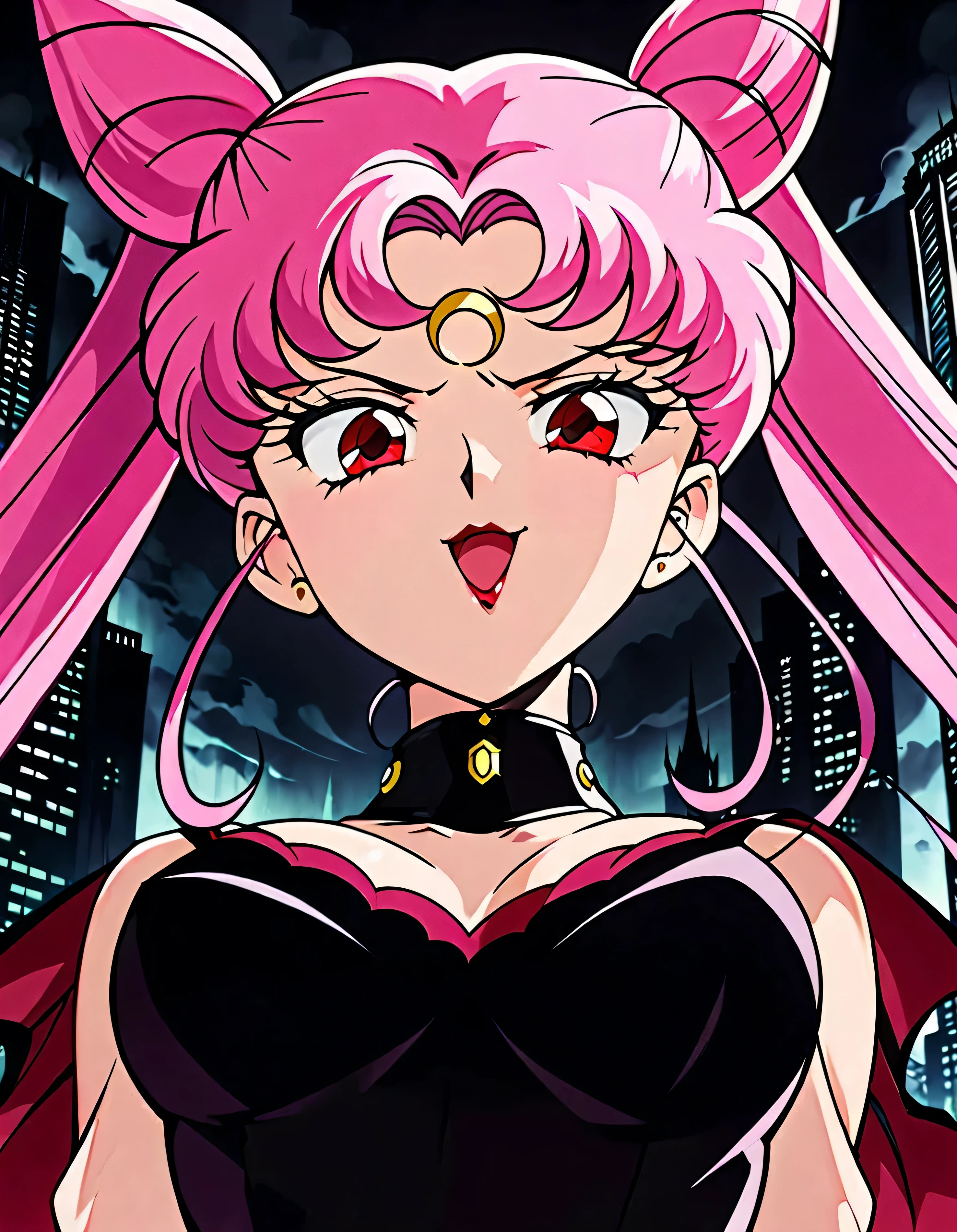 Wicked Lady from Sailor Moon, Pink Hair, Red eyes, , Black crescent moon mark on forehead, very evil smile,open_mouth,beautiful body,shaded face(eyes in evil shadow),((masterpiece,best quality)), absurdes,black dress,upper body,beautiful face,,looking down at viewer,twintail,,Sadistic ridicule,look down,looking down at viewer, ,city of aevil darkness background,from below,close up,Dark Side、、darkness,wander,