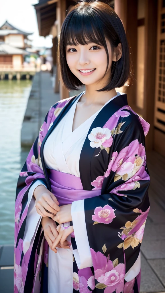  fireworks on the sea at night 、Pass High Resolution、Her breasts overflow from the collar of her kimono.、(Genuine: 1.4)、 RAW photo、Best Quality、(  photorealisticistic)、 concentrated、Soft light、(( young beautiful girl 、 cute))、((Japanese))、(Front、Young Face)))、(Depth of Limit）、masterpiece、（  photorealistic）、woman、Young Face、 Black Hair 、  short hair、bangs、1 beautiful Japanese model、woman model、4K、 Kampala 、bangs、  Black Hair  、kimono、白とピンクの可愛い柄のkimono、子供が好きそうな柄のkimono、Japanese style floral pattern:1.5、アイドルのような cute顔:1.4、   fine skin and fingers   、Beautiful breasts、Laughter、   full body lesbian :1.2、   can be seen that a cute face like an idol {x} emphasizes a dynamic sense of perspective、 cute cute beautiful girl、  clevis、Beautiful Skin、 obscene purple bra  、  Look at me and smile 、    simple background、masterpiece、 Kampala 、4K resolution、Pass