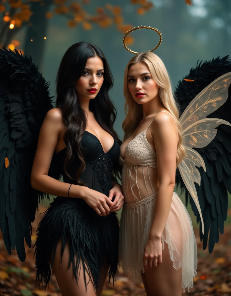 image of a bold woman with long, dark hair wearing a sultry dark angel costume, featuring a sexi mini black dress with feathered wings and a halo. Her makeup is dramatic, with smoky eyes and red lips, creating a striking contrast.

Beside her is an ethereal blonde woman dressed in a sexy  fairy costume, complete with a light, flowy dress and shimmering wings. They are in a mystical setting filled with twinkling lights and autumn leaves, showcasing the contrasting themes of darkness and light as they embody their characters.