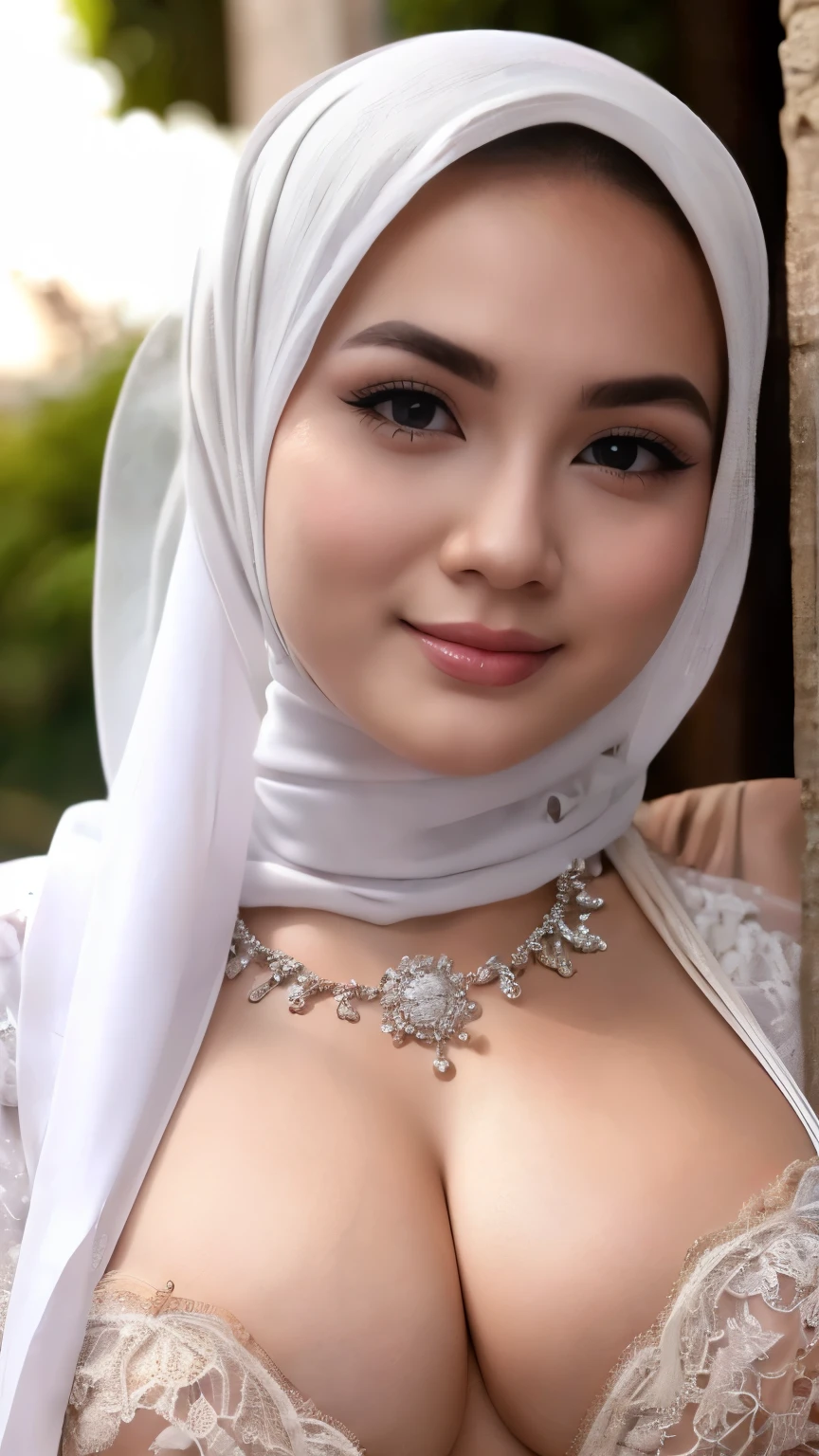 ((Realistic lighting, Best quality, 8K, Masterpiece: 1.3, hyper realistic)), Clear focus: 1.2, 1 indonesian hijab girl, georgeus nude wedding dress, (white silver hijab, medium breasts: 1.3),open breast, breast out, pink nipples,nude, slightly chubby, (detailed lace material), (outdoor, day light: 1.1), beautiful garden of flowers background, Super fine face, fine eyes, double eyelids, naughty smile, Hyper realistic, Beautiful hijab girl, nude, naked, (open breast, breast out), luxury necklace, White Skin, Perfect Potrait, Bokeh Effect, Look at camera, ((adorable:1.2)), ((masterpiece:1.1)), ((bokeh:1.2)), (dynamic seducing pose), seductive smile, flirting eyes,Clear focus: 1.2, 1 indonesian hijab girl, perfect nude bride,Super fine face, fine eyes, double eyelids((Realistic lighting, Best quality, 8K, Masterpiece: 1.3, hyper realistic)), Clear focus: 1.2, 1 indonesian hijab girl, (white silver hijab, medium rounded breasts: 1.3), ((open breast, breast out)),nude, naked, pink nipples, slightly chubby, (detailed lace material), (outdoor, day light: 1.1), beautiful garden of flowers background, Super fine face, fine eyes, double eyelids, naughty smile, close up