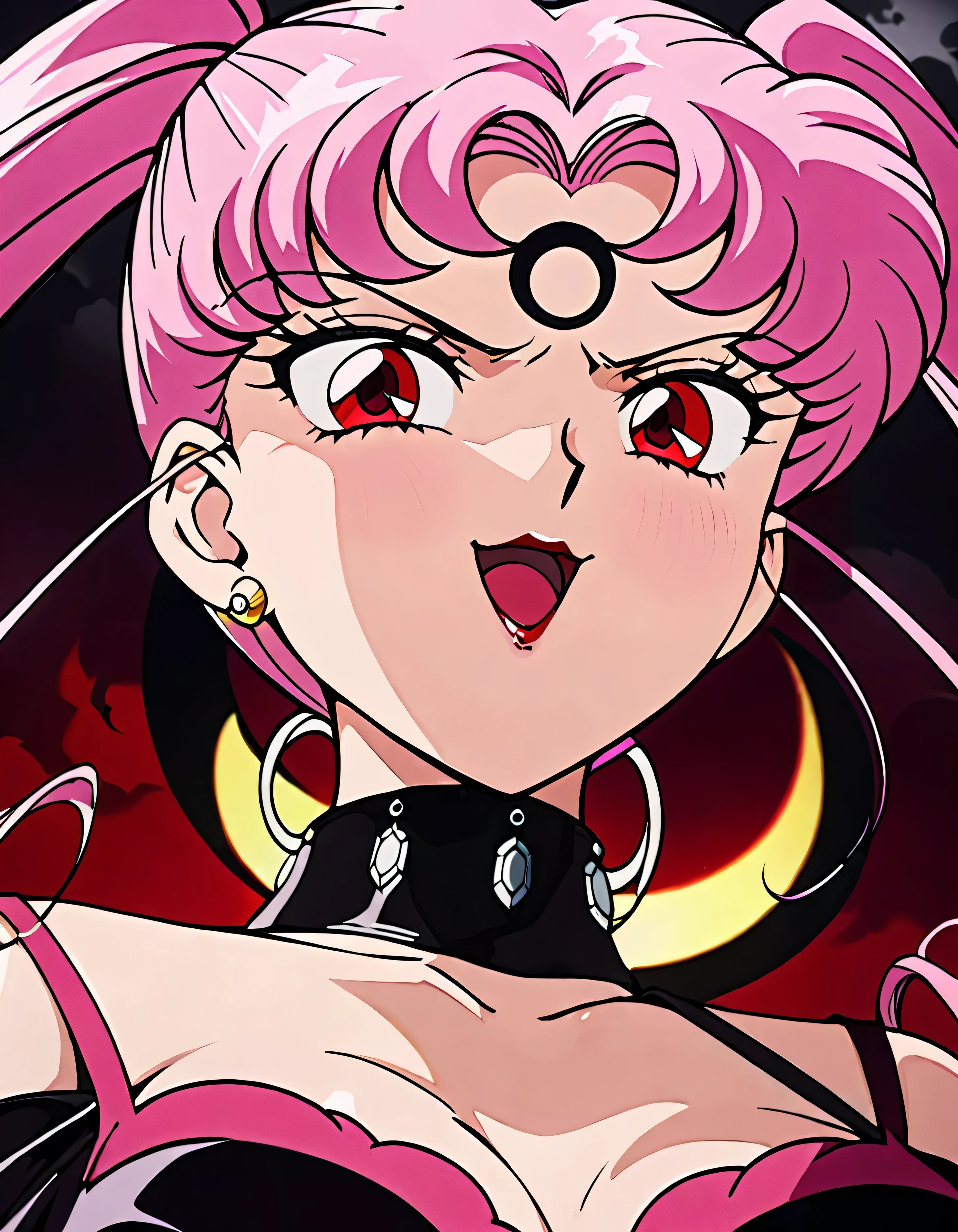 Wicked Lady from Sailor Moon, Pink Hair, Red eyes, , Black crescent moon mark on forehead, very evil smile,open_mouth,beautiful body,shaded face(eyes in evil shadow),((masterpiece,best quality)), absurdes,black dress,upper body,beautiful face,,looking down at viewer,twintail,,Sadistic ridicule,look down,looking down at viewer, ,city of evil darkness background,from below,close up,Dark Side、Alone、1girl,darkness,wander,