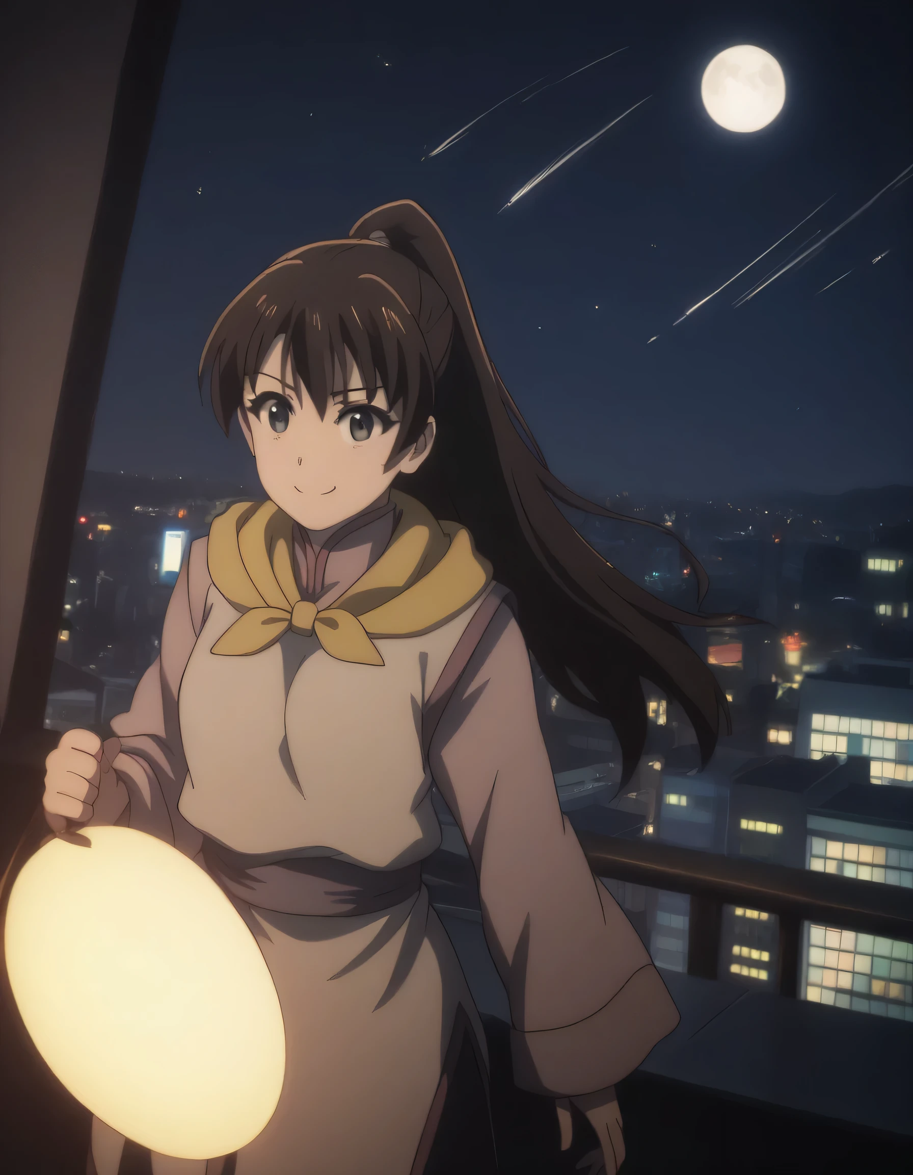 score_9, score_8_up, score_7_up, gsfghtr, multicolored robe, neckerchief, 1girl, bright, best lighting, smile, on top of tallest building, city lights at night, moon, shooting stars