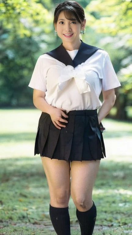  Japanese mature,48 years old, white skin,(plump body, big chest, plump thighs:1.5),(earrings,seifuku cosplay,Short socks, loafers:1.2),( standing in the park,Full body shot from head to toe,full body,standing:1.2),looking at viewer,smile, surrealism, depth of field, from below, Sony FE, 8k